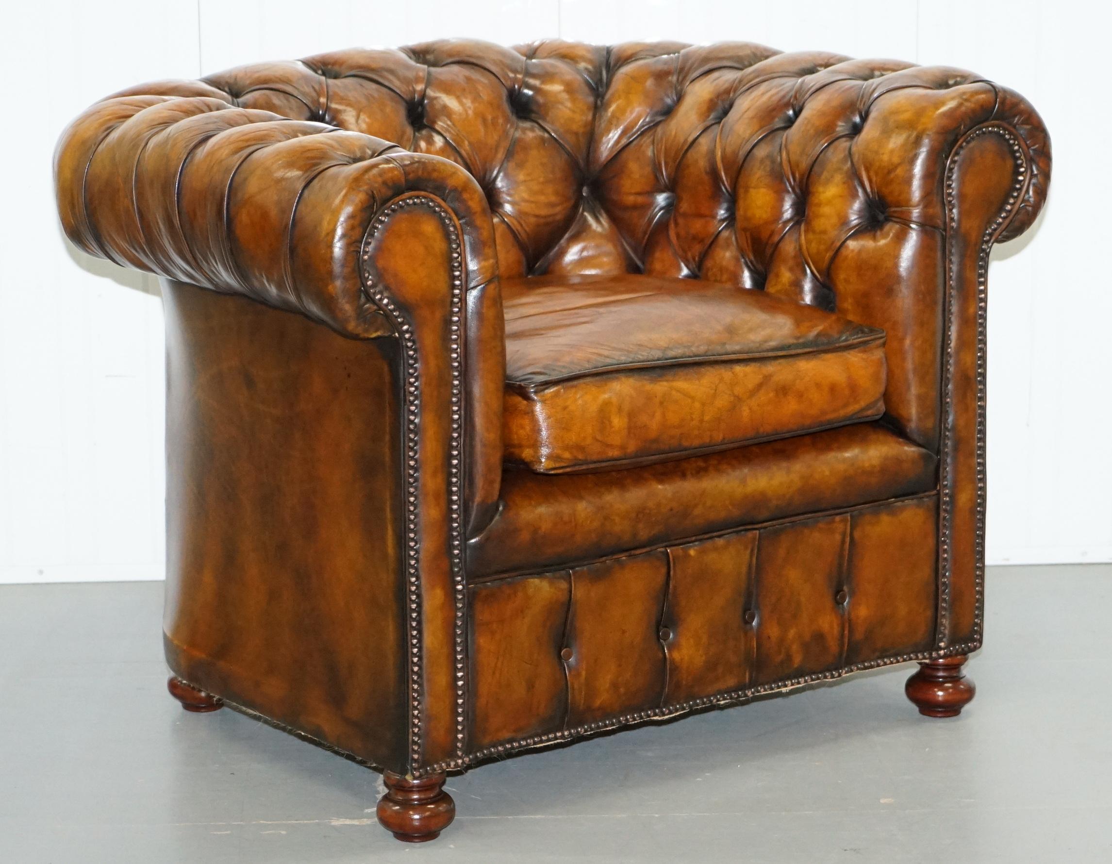 Set of 4 Restored Victorian Chesterfield Club Armchairs Hand Dyed Brown Leather 4
