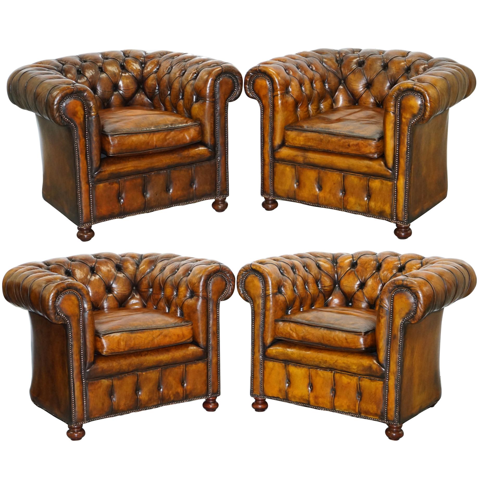 Set of 4 Restored Victorian Chesterfield Club Armchairs Hand Dyed Brown Leather