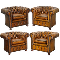 Antique Set of 4 Restored Victorian Chesterfield Club Armchairs Hand Dyed Brown Leather