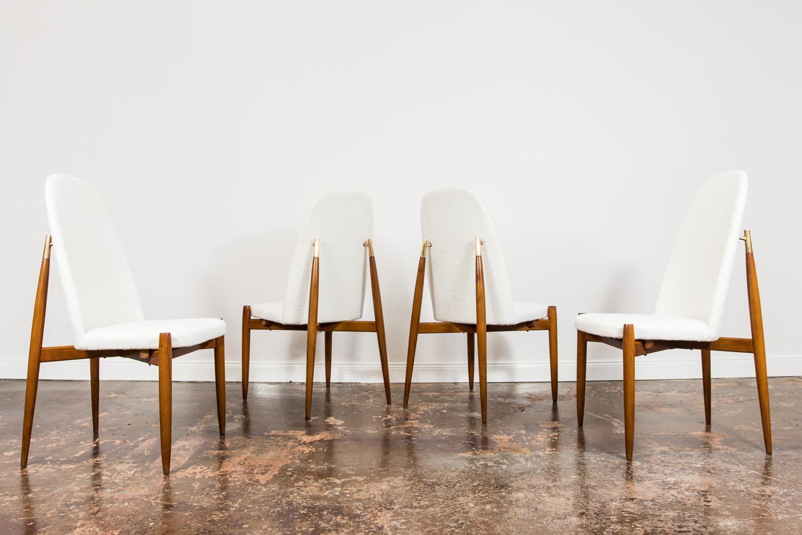 Czech Set of 4 Restored Vintage White Boucle Chairs by Miroslav Navrátil 1950's