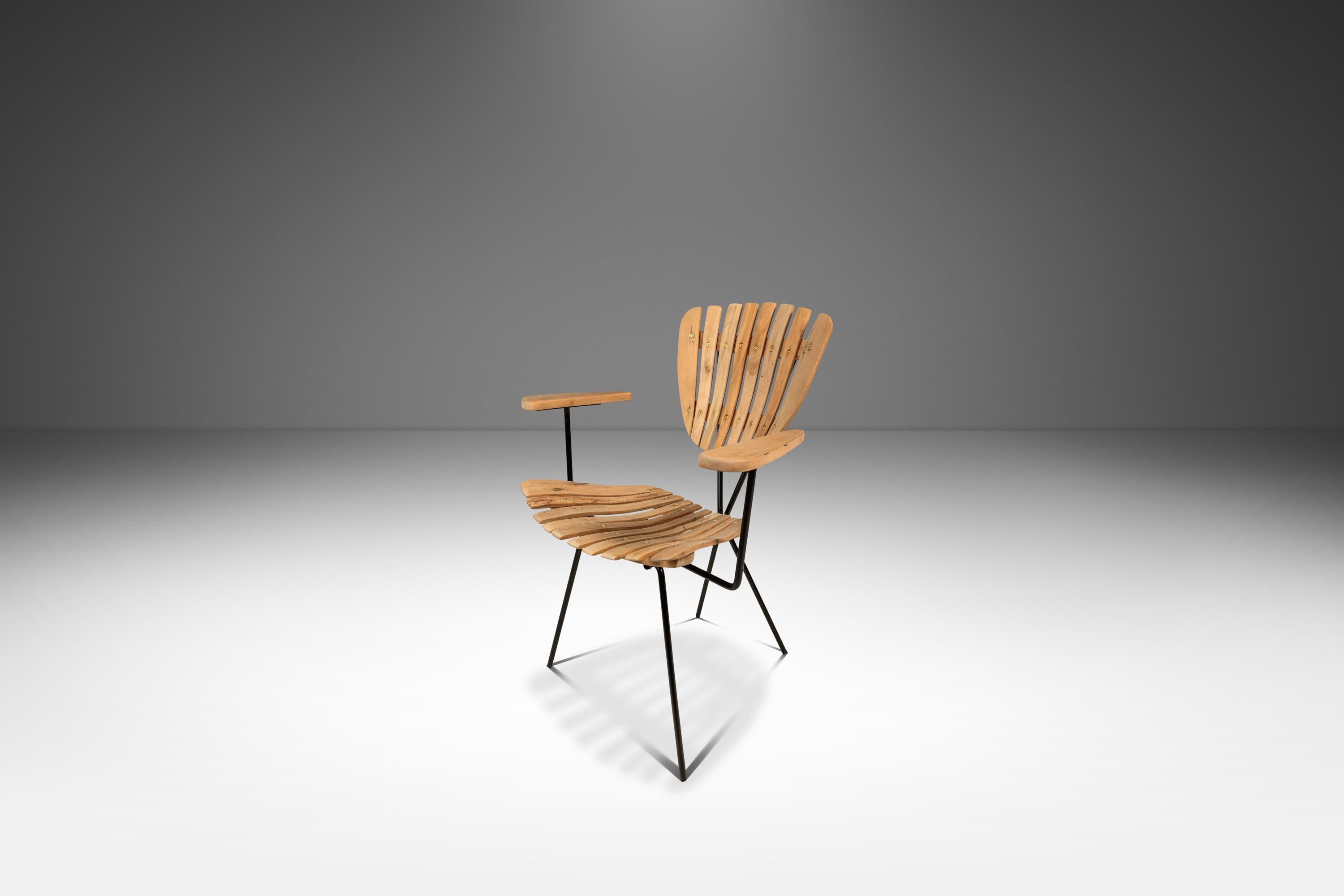 Set of 4 Restored Wrought Iron & Birch Chairs by Arthur Umanoff, USA, c. 1960s In Good Condition For Sale In Deland, FL