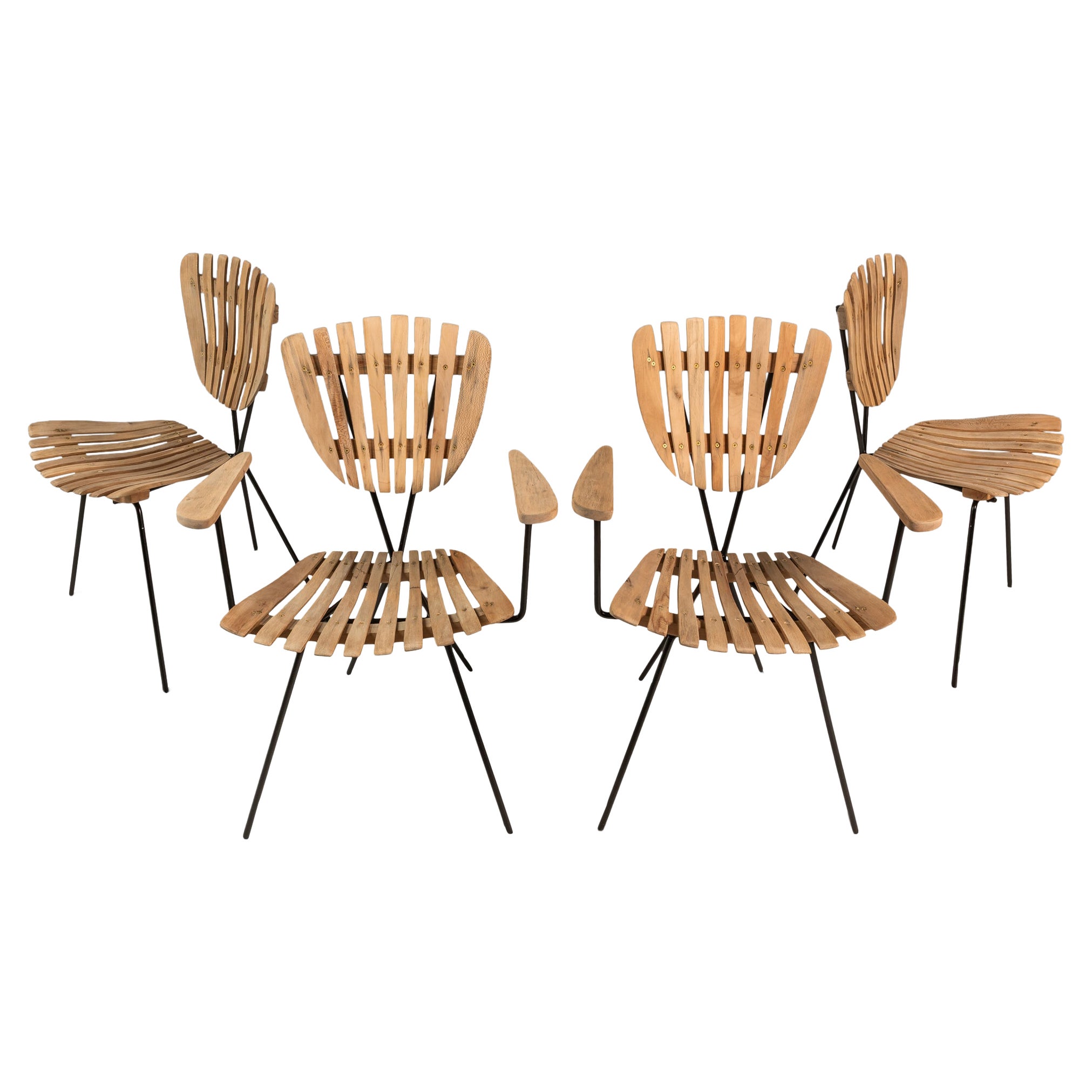 Set of 4 Restored Wrought Iron & Birch Chairs by Arthur Umanoff, USA, c. 1960s For Sale
