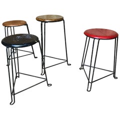 Set of 4 Retro 1960s Wooden Seat with Metal Frame Tomado Stools