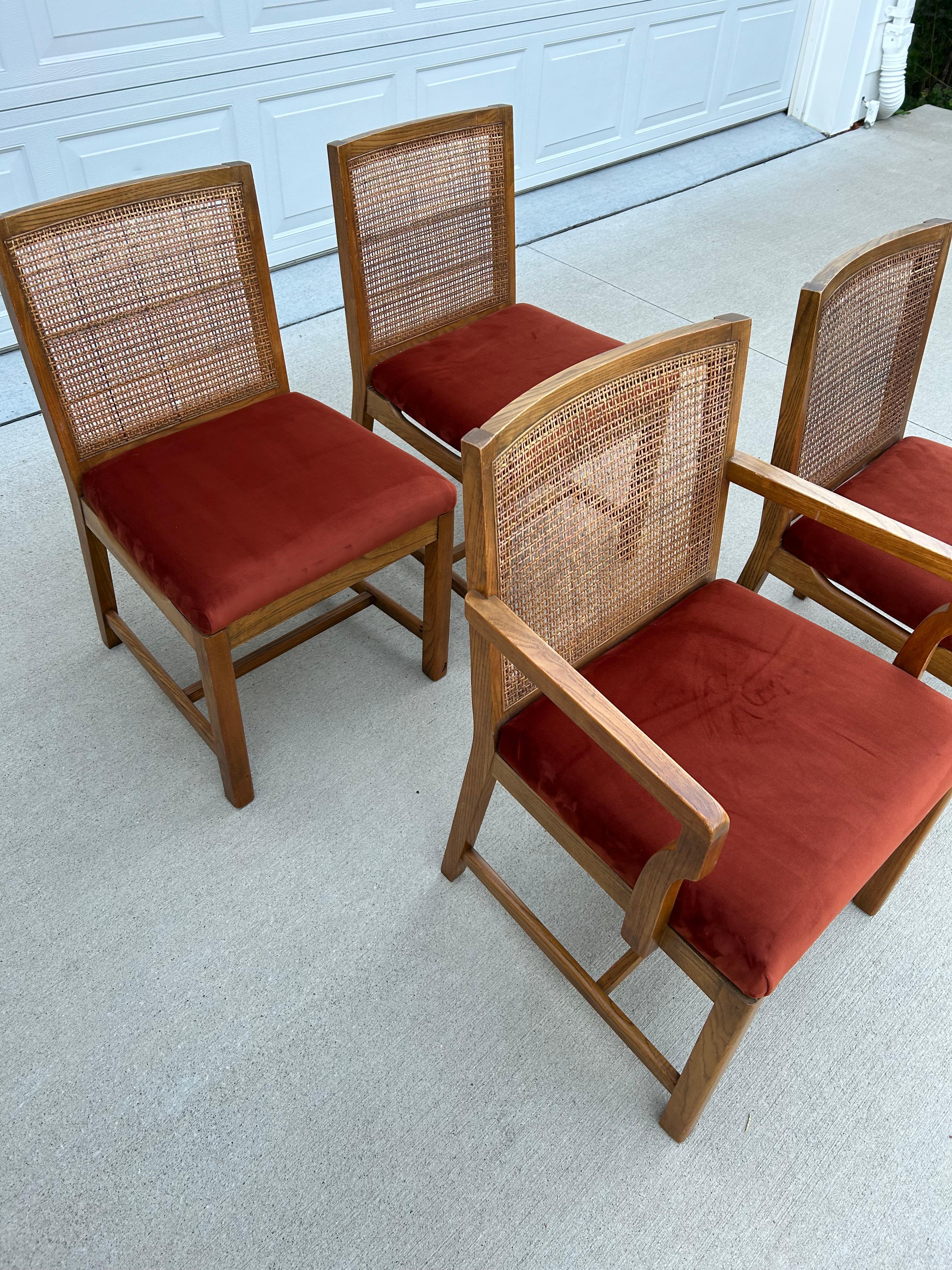 Bohemian Set of 4 Reupholstered Cane Back Dining Chairs by American Martinsville  For Sale