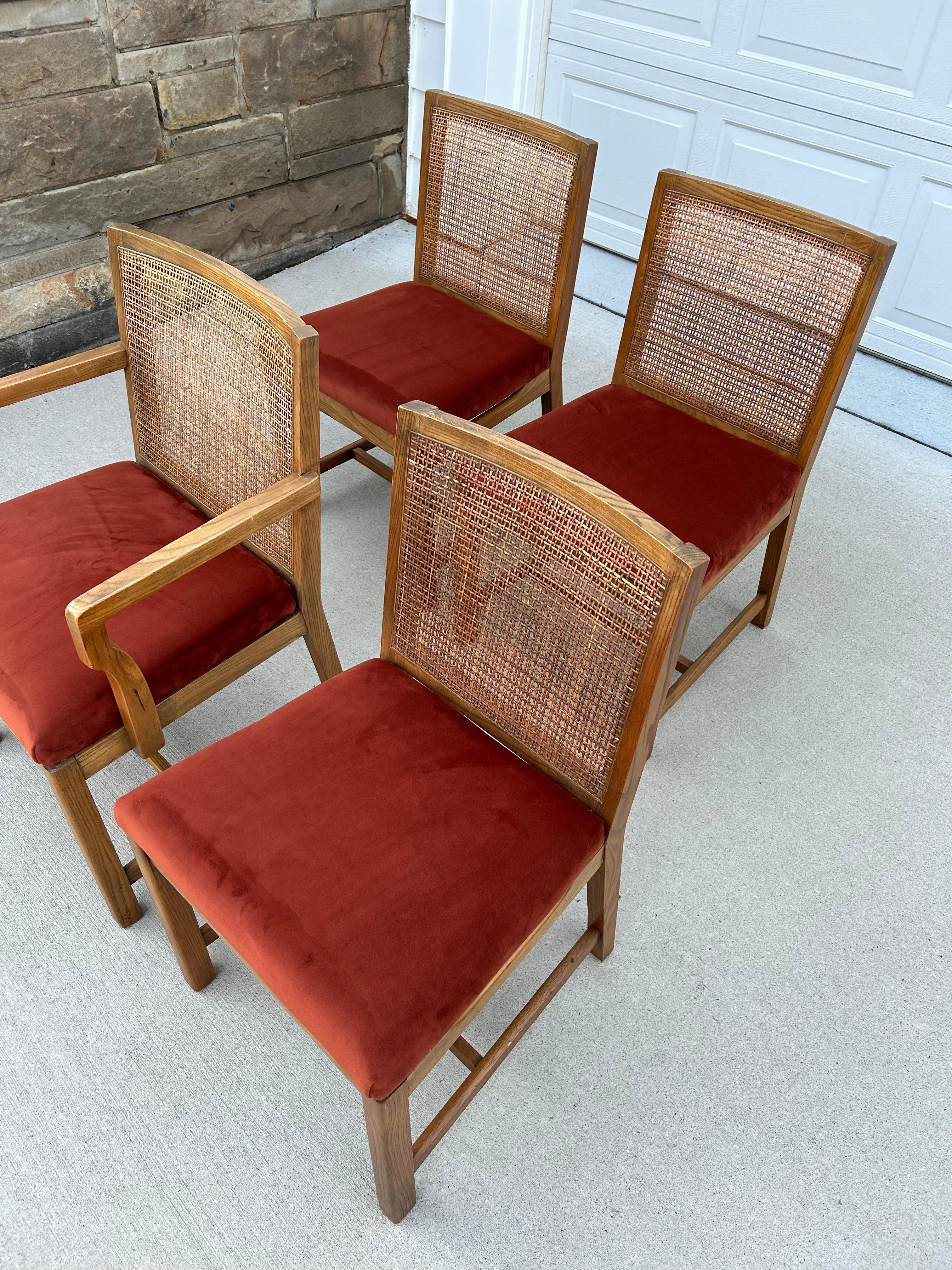 Set of 4 Reupholstered Cane Back Dining Chairs by American Martinsville  In Good Condition For Sale In Medina, OH