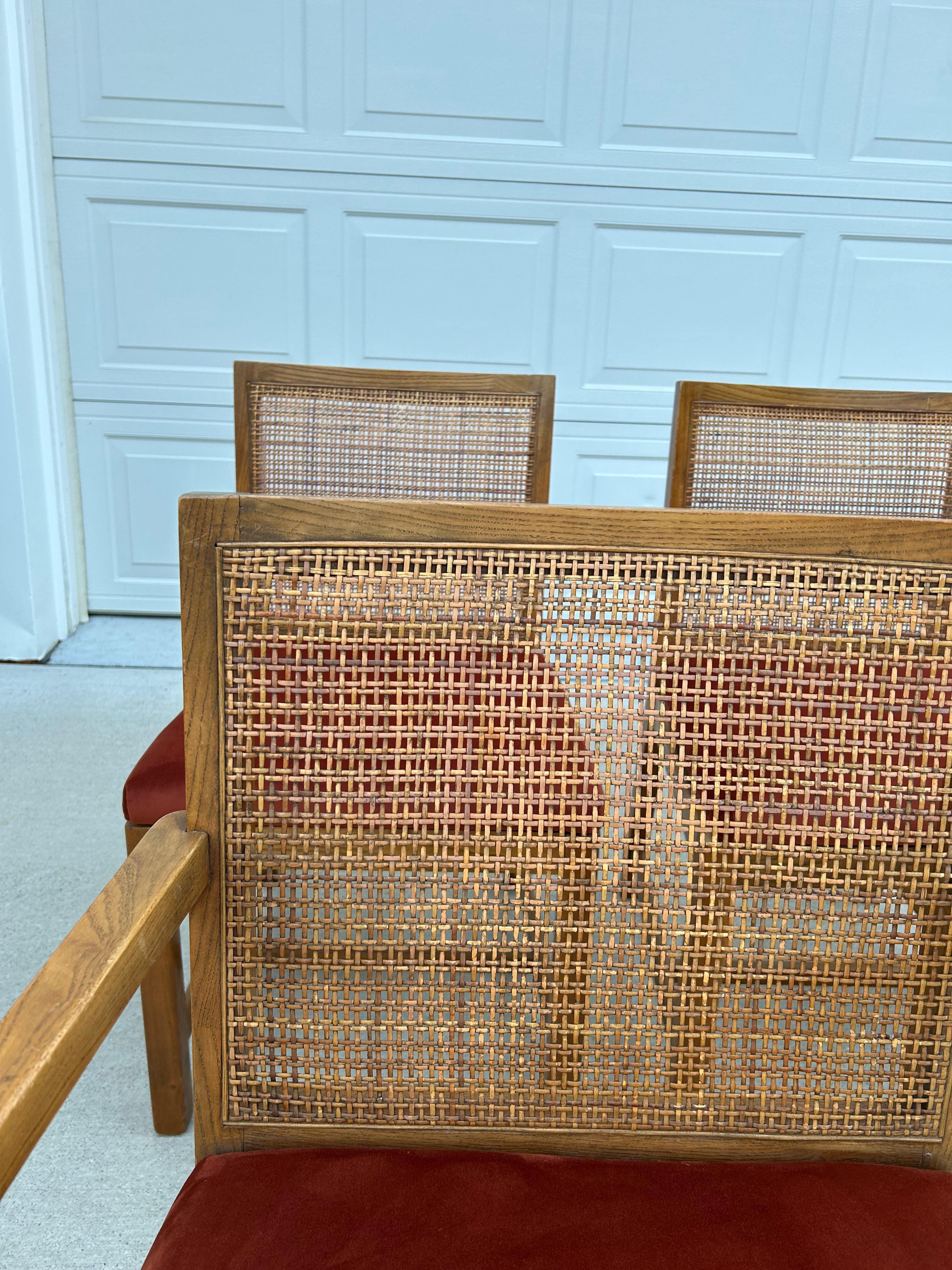 Set of 4 Reupholstered Cane Back Dining Chairs by American Martinsville  For Sale 1