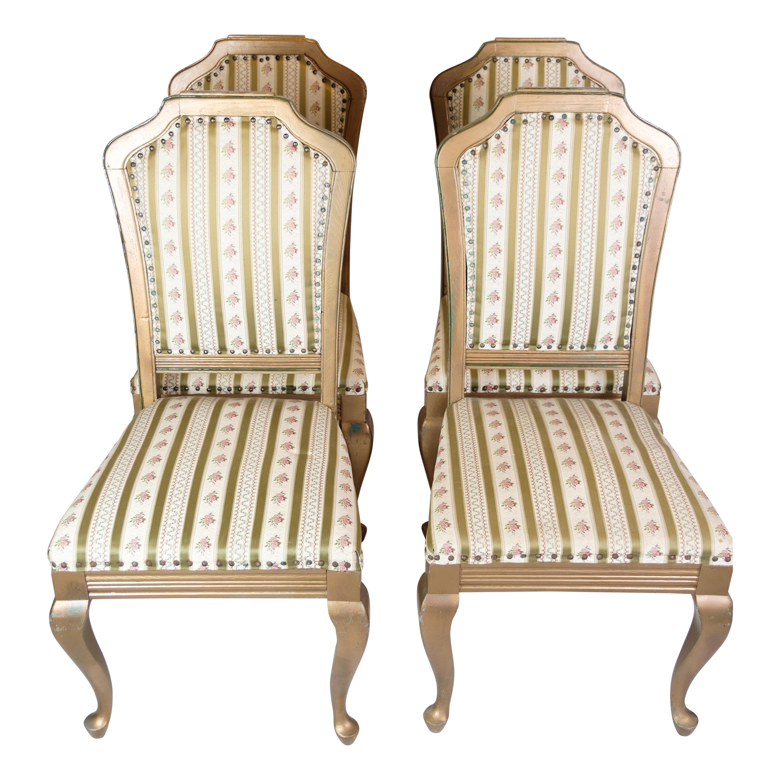 Set Of 4 Rococo Chairs Made In Glit Wood With Striped Fabric From 1930s For Sale