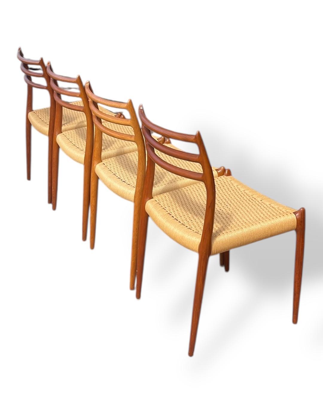 Set of 4 Roped Seat Danish Teak Dining Chairs Model 78 by Niels Otto Moller For Sale 5