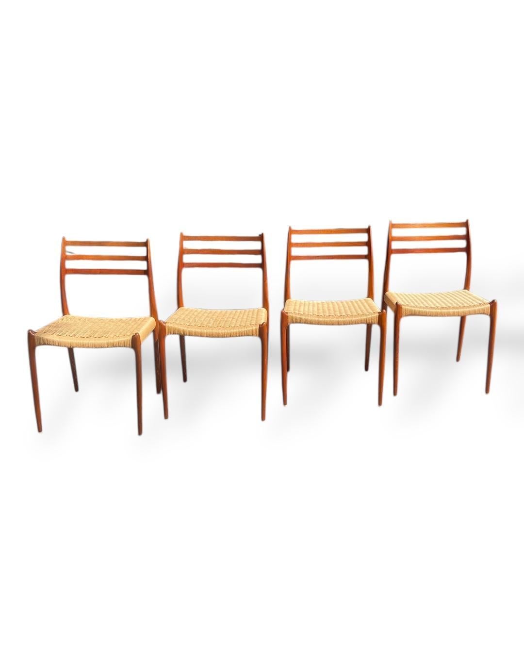 Set of 4 Roped Seat Danish Teak Dining Chairs, Model 78 by Niels Otto Møller, 1960s

A stunning set of four Danish modern teak dining chairs, Model 78, designed by Niels Otto Møller and crafted by J.L. Møllers Møbelfabrik in the 1960s. These iconic