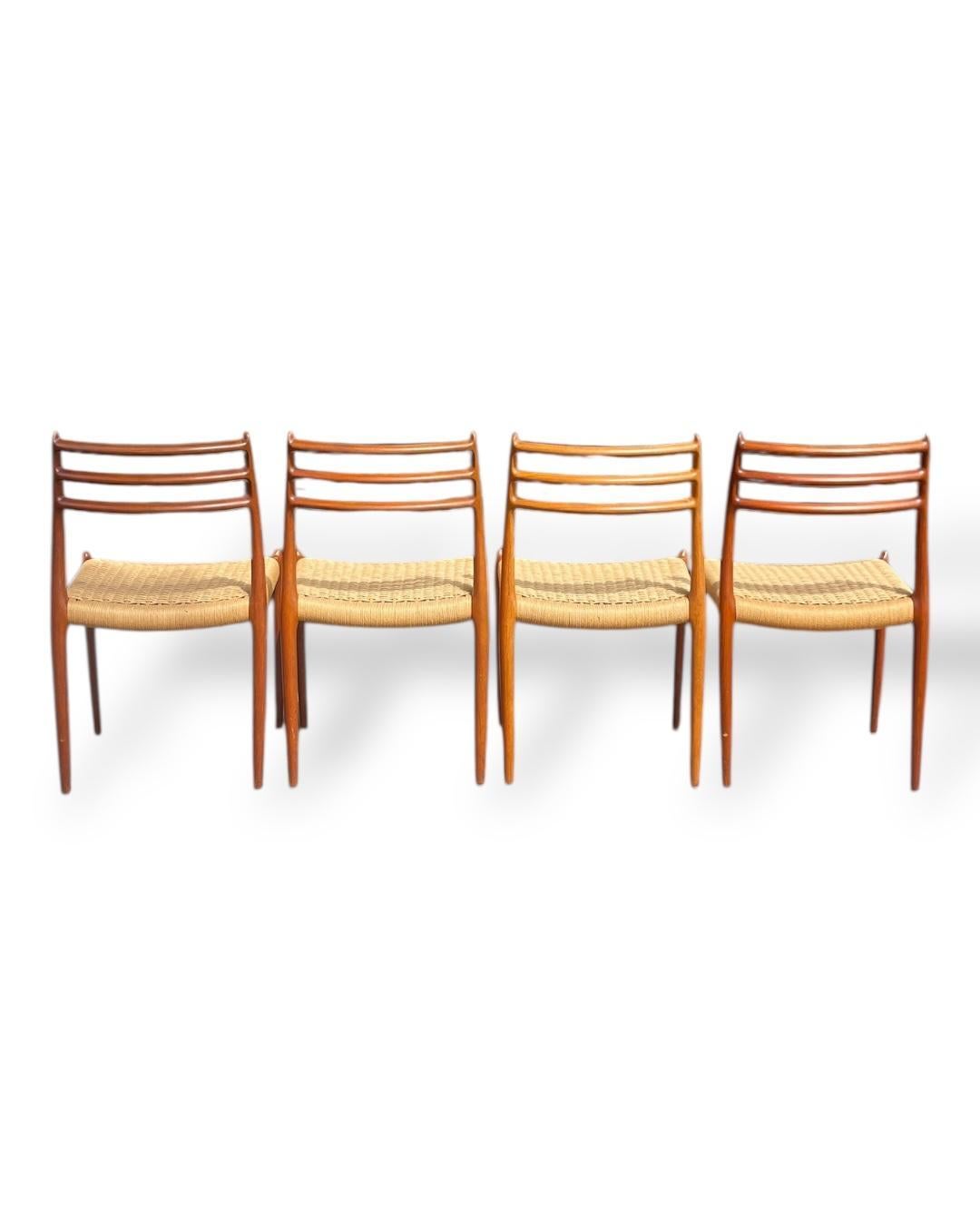 Mid-20th Century Set of 4 Roped Seat Danish Teak Dining Chairs Model 78 by Niels Otto Moller For Sale