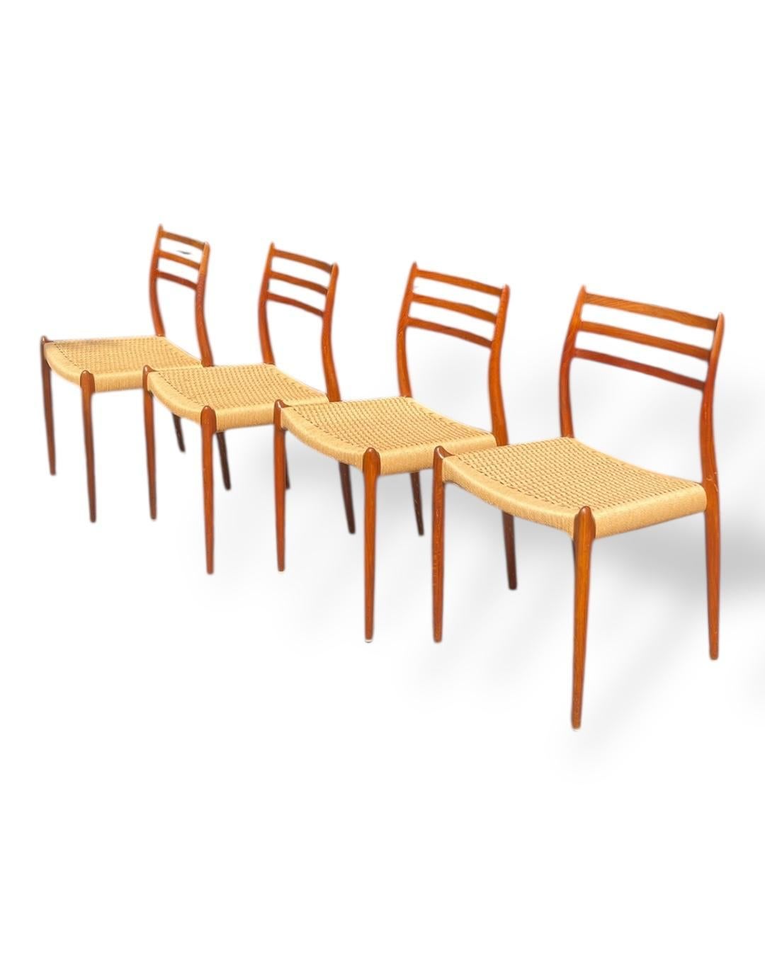 Set of 4 Roped Seat Danish Teak Dining Chairs Model 78 by Niels Otto Moller For Sale 3