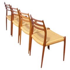 Set of 4 Roped Seat Danish Teak Dining Chairs Model 78 by Niels Otto Moller