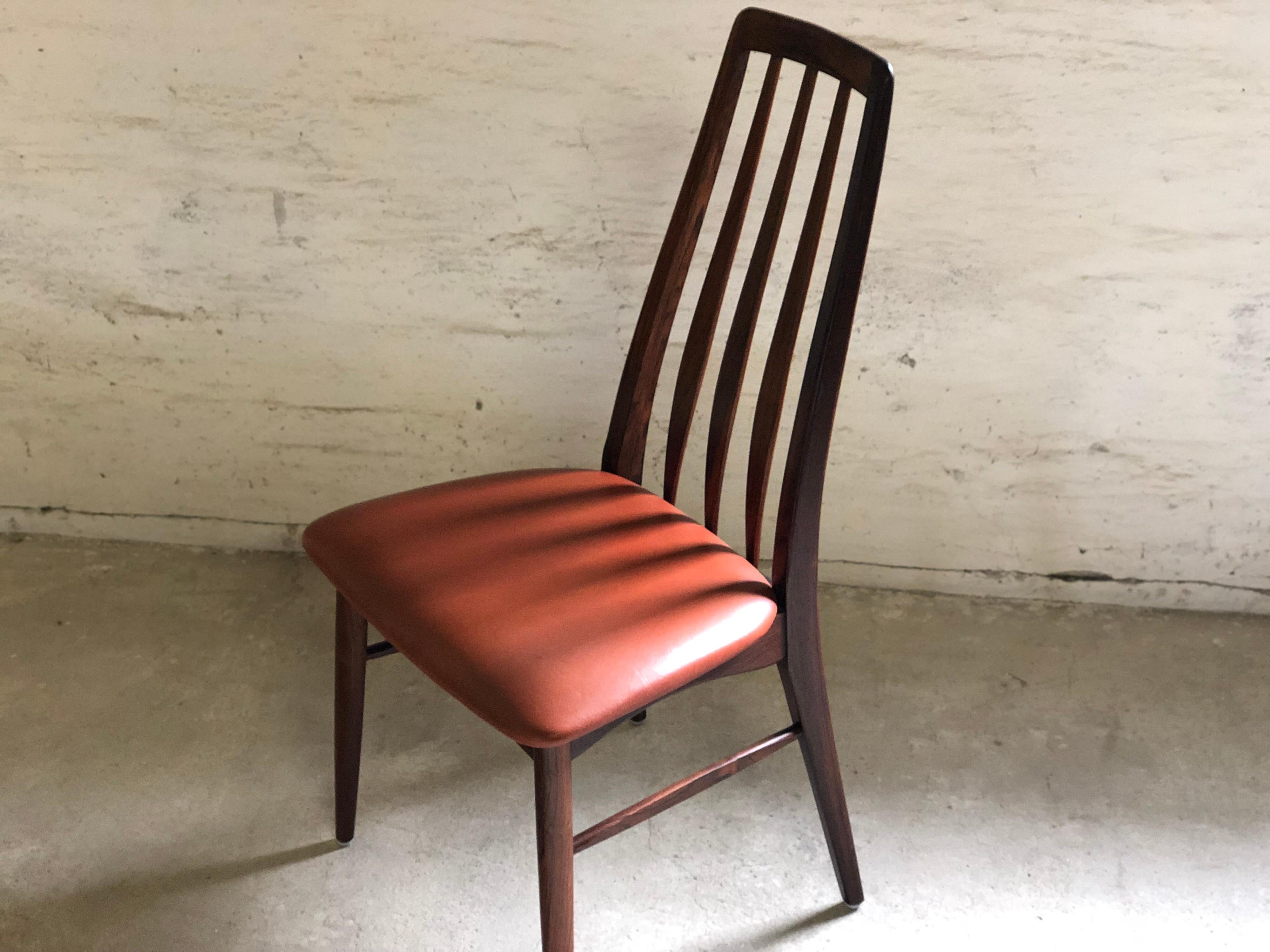 Leather Set of 4 Rosewood Dining Chairs by Niels Kofod Larsen, Model Eva, Midcentury For Sale