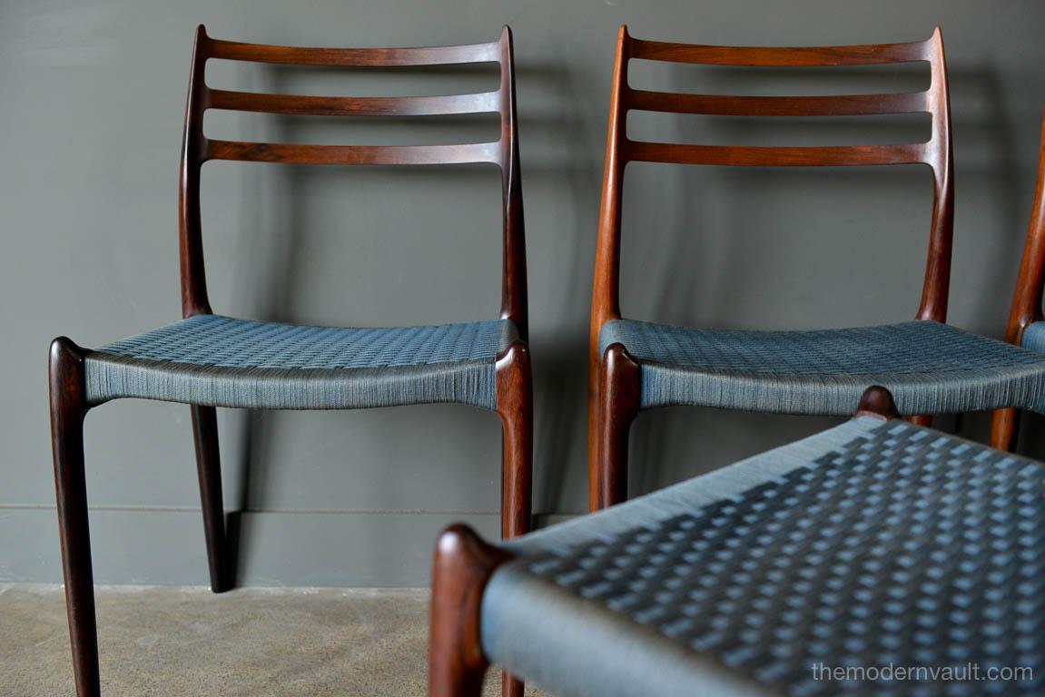 Amsterdam School Set of 4 Rosewood Model 78 Dining Chairs by Niels O. Moller, circa 1960