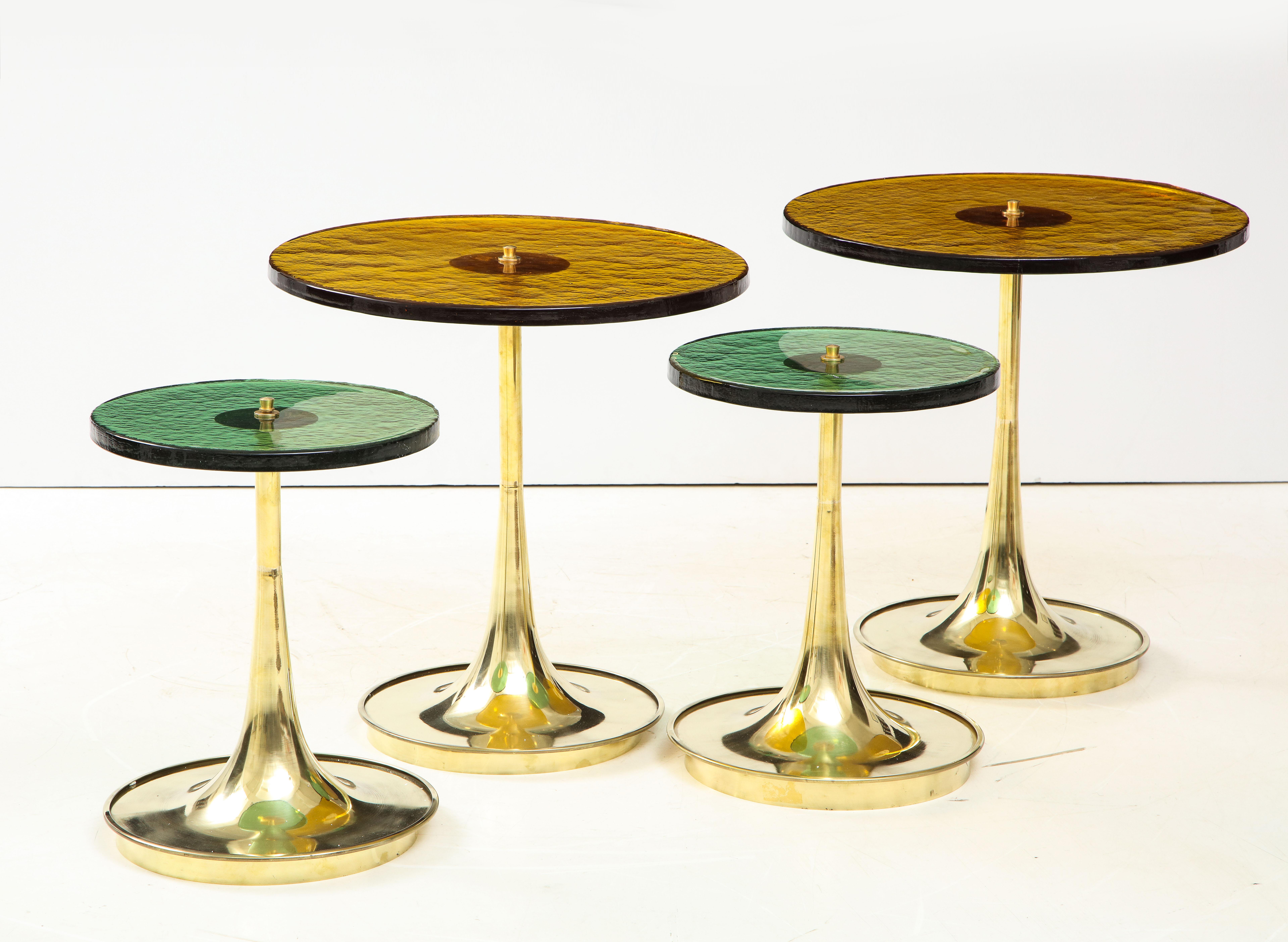 Italian Set of 4 Round Bronze and Green Murano Glass and Brass Side Tables, Italy, 2021