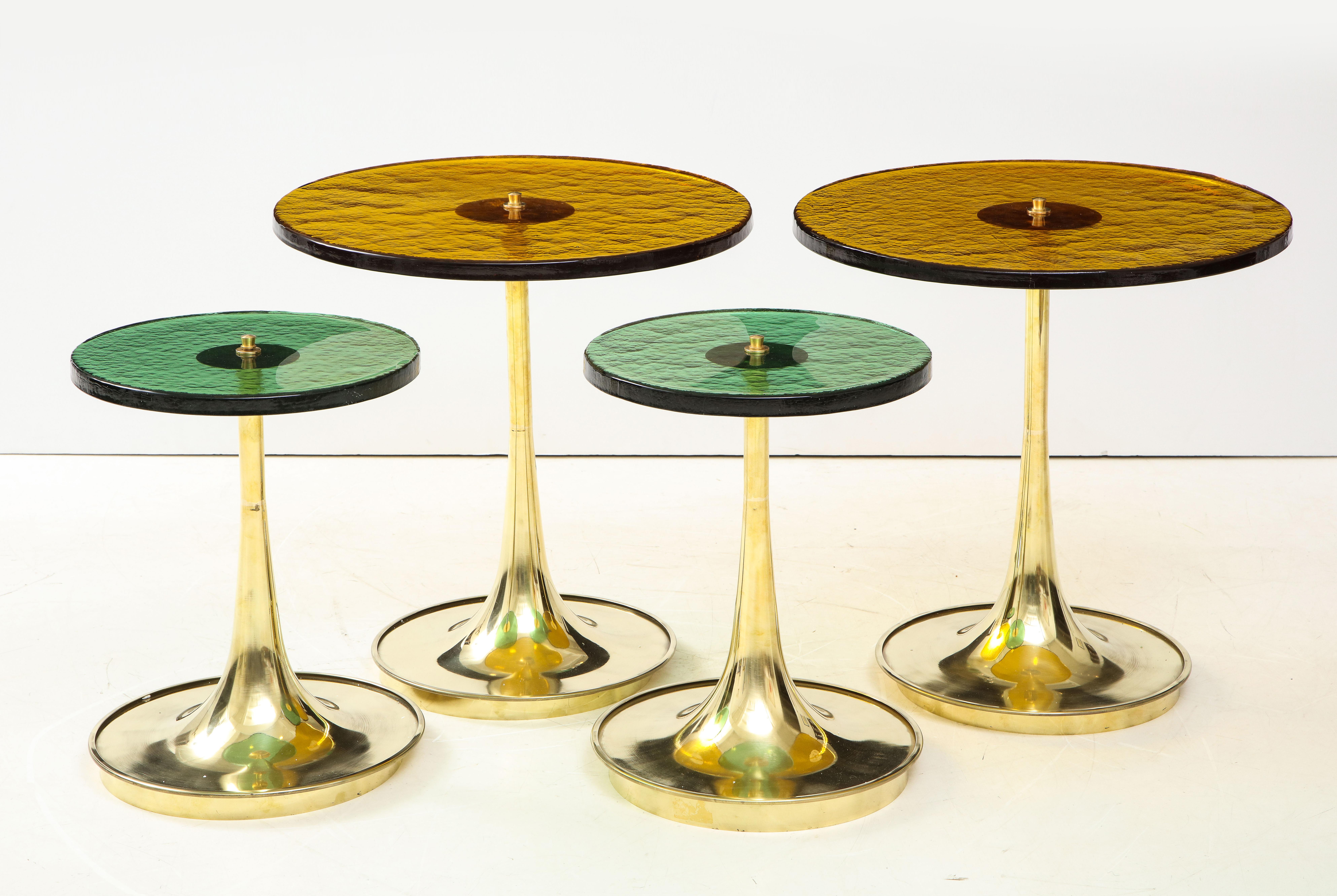 Hand-Crafted Set of 4 Round Bronze and Green Murano Glass and Brass Side Tables, Italy, 2021