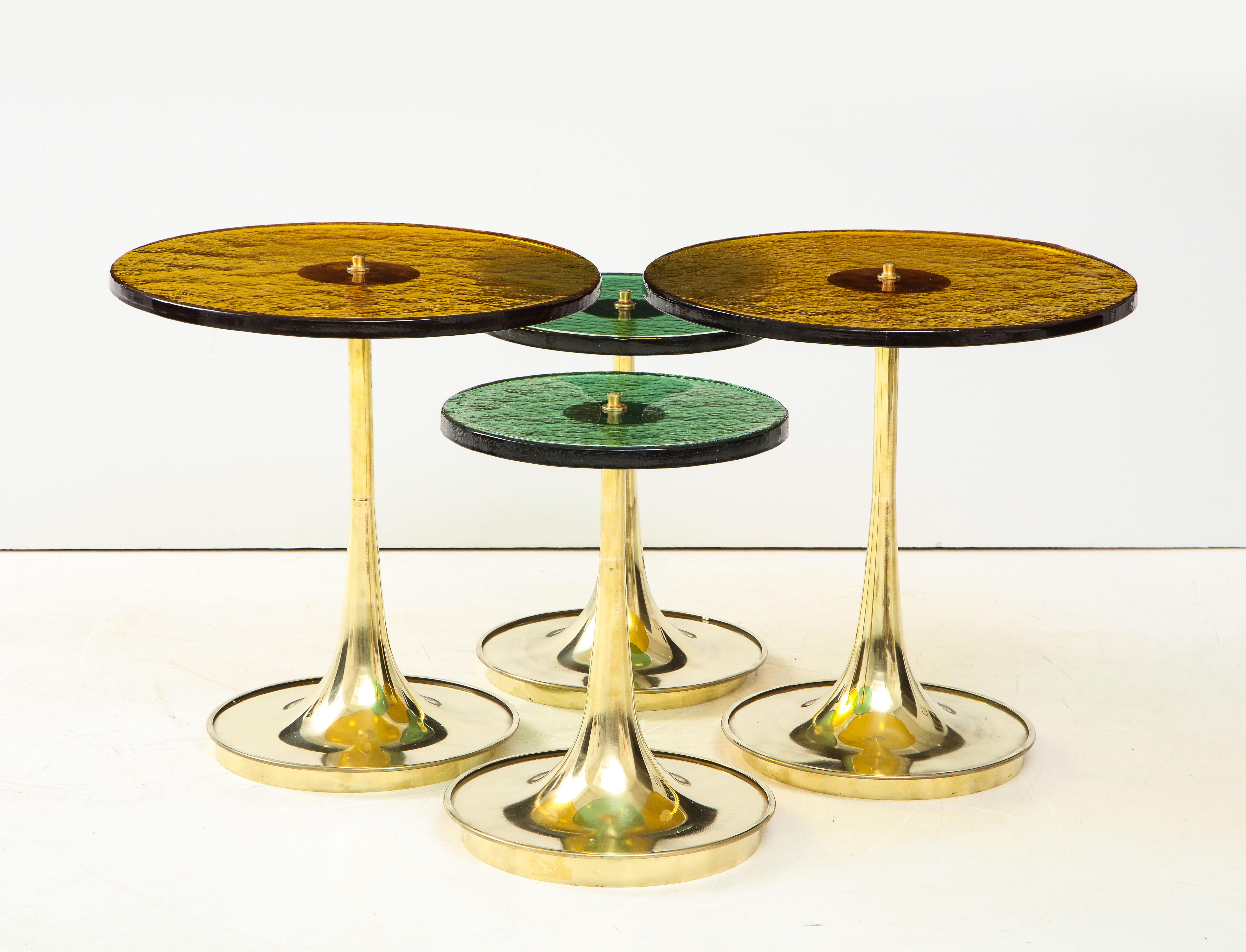 Set of 4 Round Bronze and Green Murano Glass and Brass Side Tables, Italy, 2021 In New Condition In New York, NY