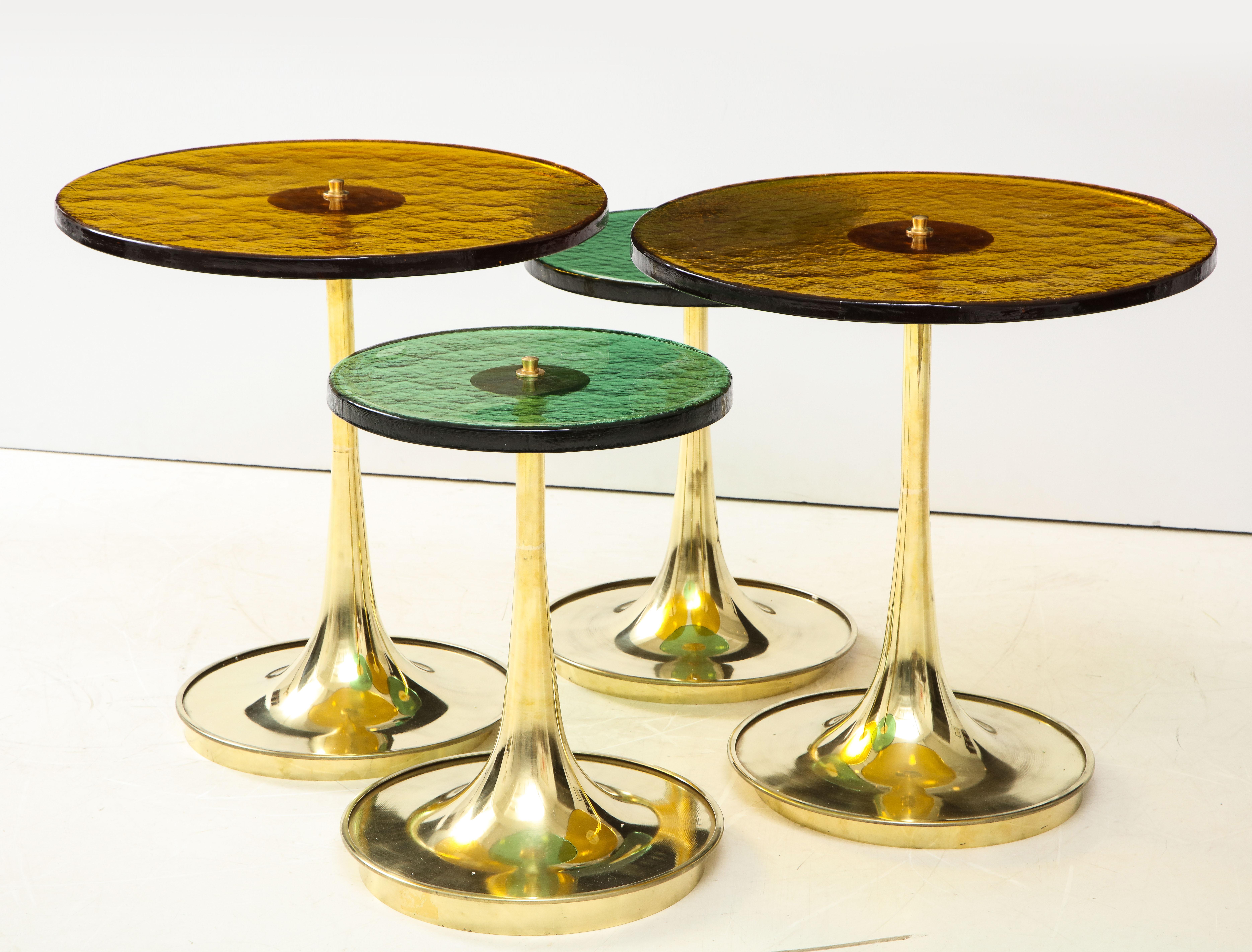 Contemporary Set of 4 Round Bronze and Green Murano Glass and Brass Side Tables, Italy, 2021