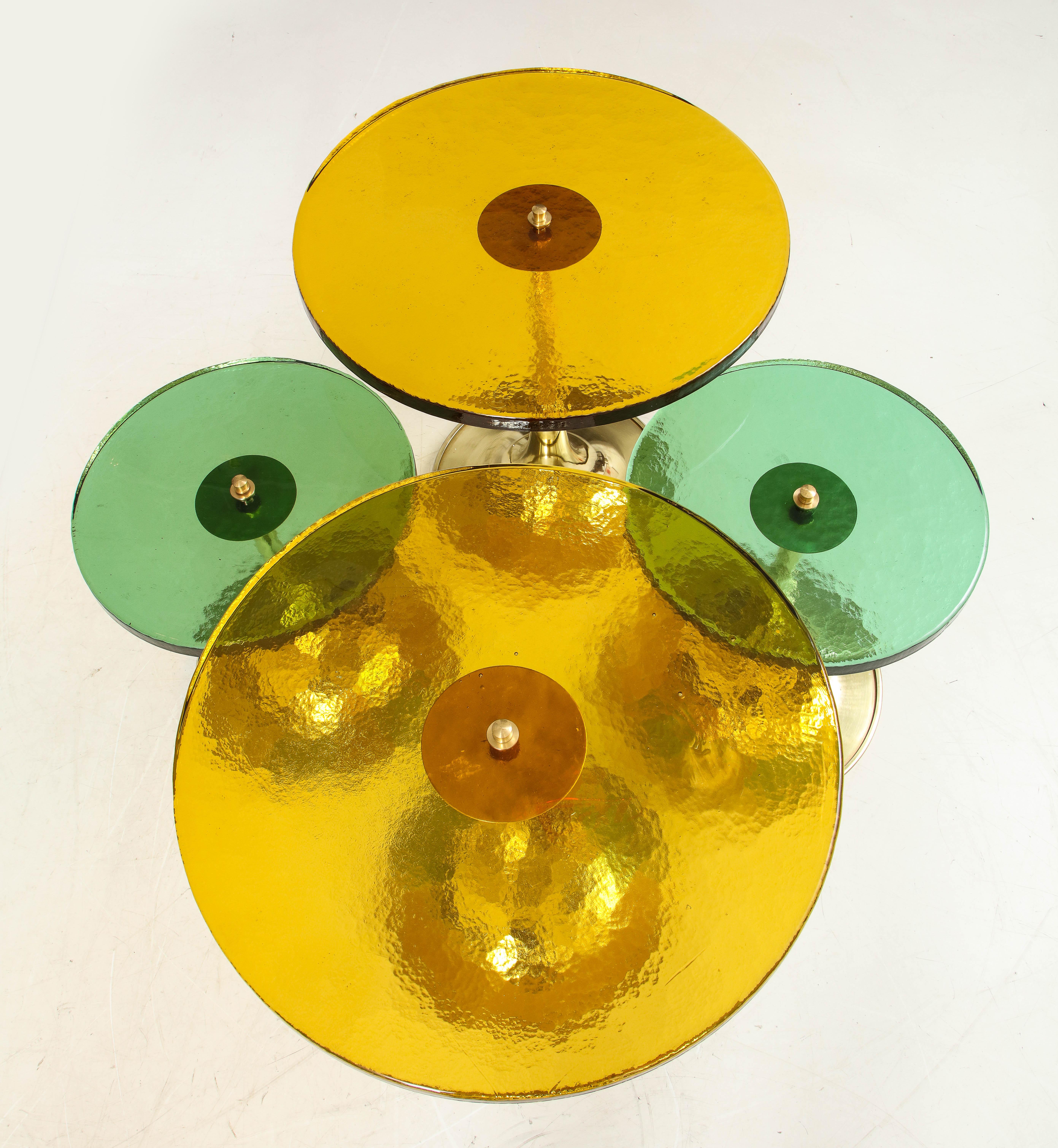 Set of 4 Round Bronze and Green Murano Glass and Brass Side Tables, Italy, 2021 1