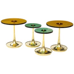 Set of 4 Round Bronze and Green Murano Glass and Brass Side Tables, Italy, 2021
