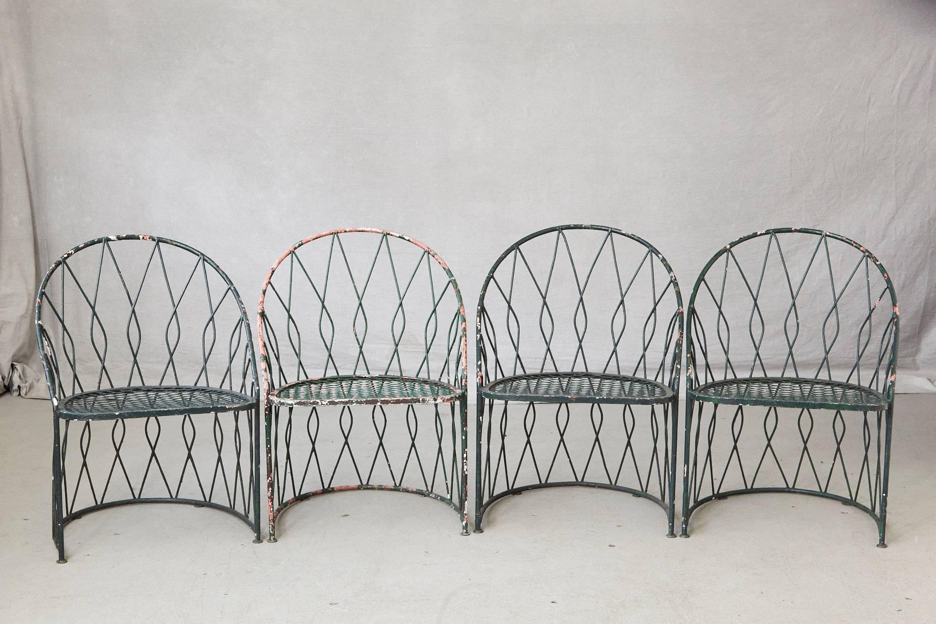 Mid-Century Modern Set of Four Round Wrought Iron Salterini Barrel Back Patio or Garden Chairs