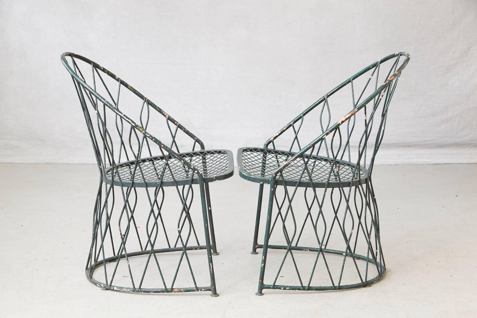 Mid-20th Century Set of Four Round Wrought Iron Salterini Barrel Back Patio or Garden Chairs