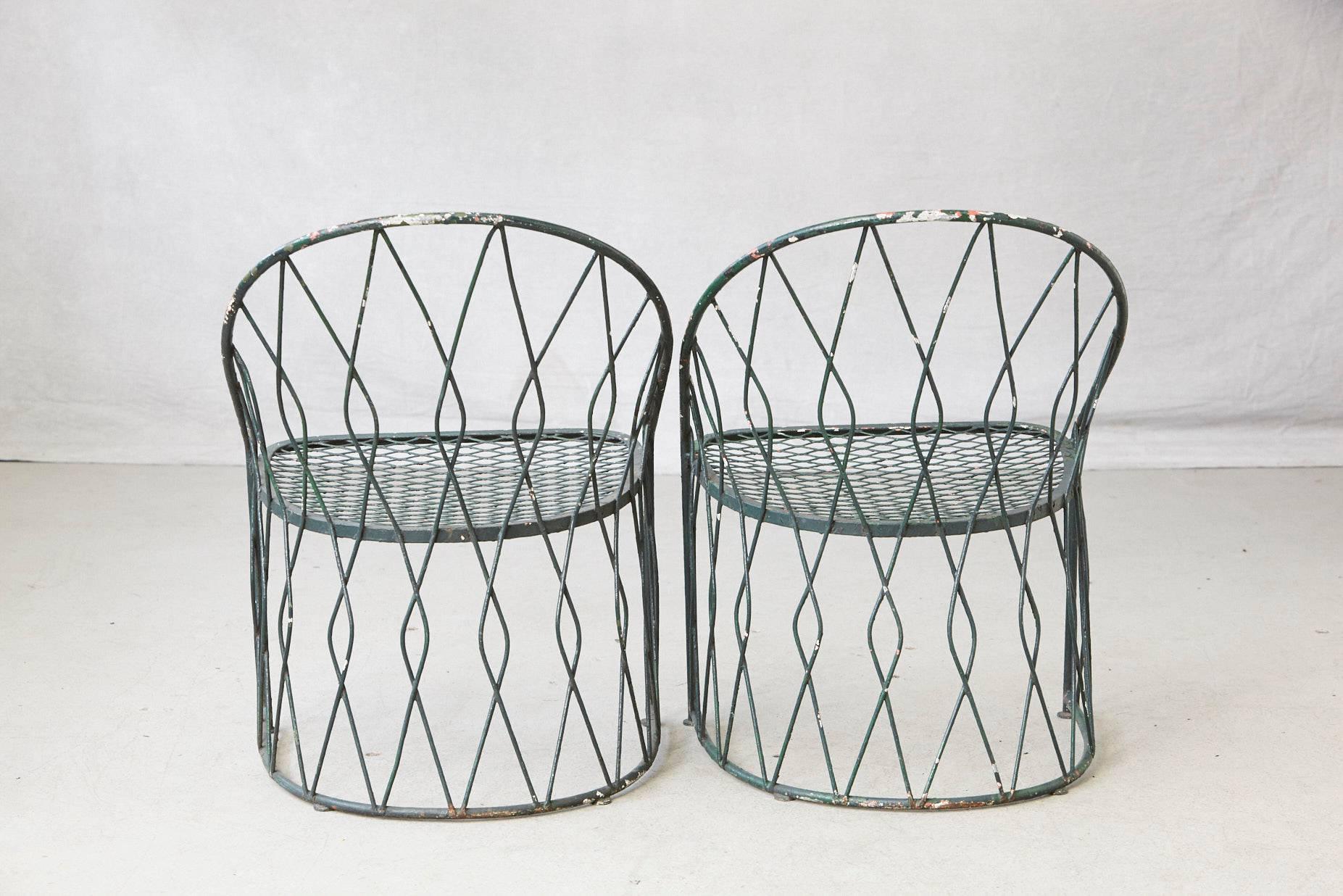 Set of Four Round Wrought Iron Salterini Barrel Back Patio or Garden Chairs 1