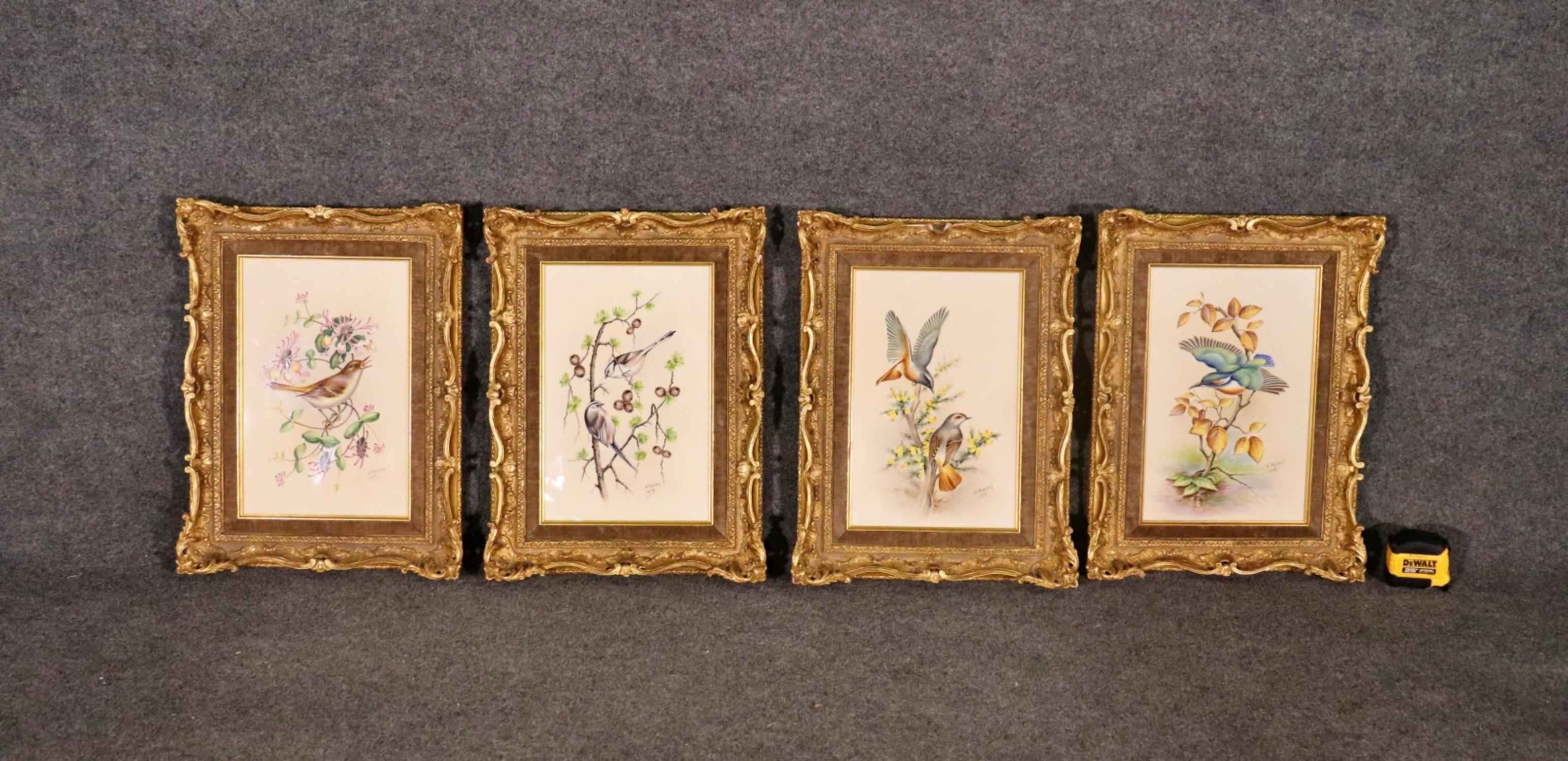 Signed E. Townsend and dated 1974. Number 10 (Nightingale), 11 (Long-Tailed Tits), 12 (Redstarts) and 13 (Kingfisher) of 15. From a limited edition of 25 sets. British bird subjects by the Worcester Royal Porcelain Co. LTD. Hand carved frame