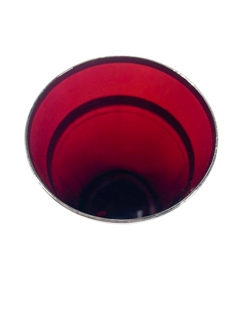 American Set of 4 Ruby Red Art Deco Glasses with Silver Bands on Vertically Faceted Sides For Sale