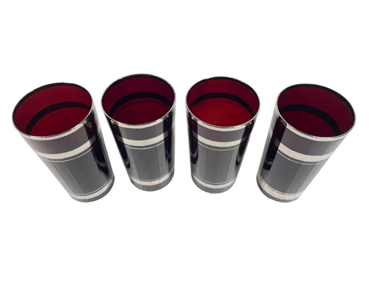 Set of 4 Ruby Red Art Deco Glasses with Silver Bands on Vertically Faceted Sides In Good Condition For Sale In Nantucket, MA