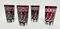 Set of 4 Ruby Red Cut-to-Clear Crystal Glasses, Hand-Cut Barware, circa 1960s