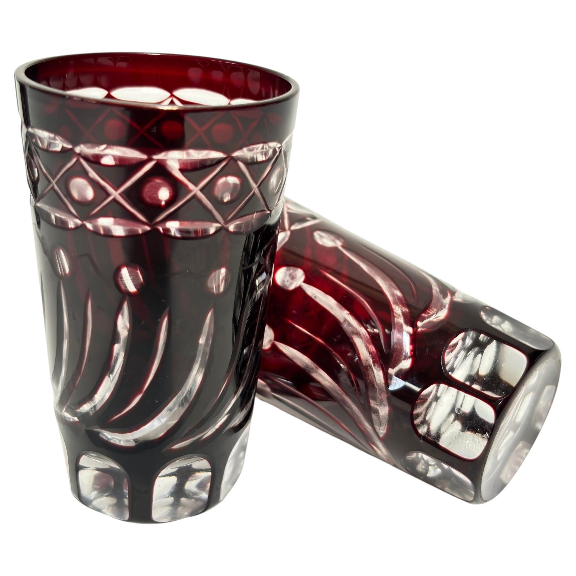 Set of 4 Ruby Red Cut-to-Clear Crystal Glasses, Hand-Cut Barware, circa 1960s