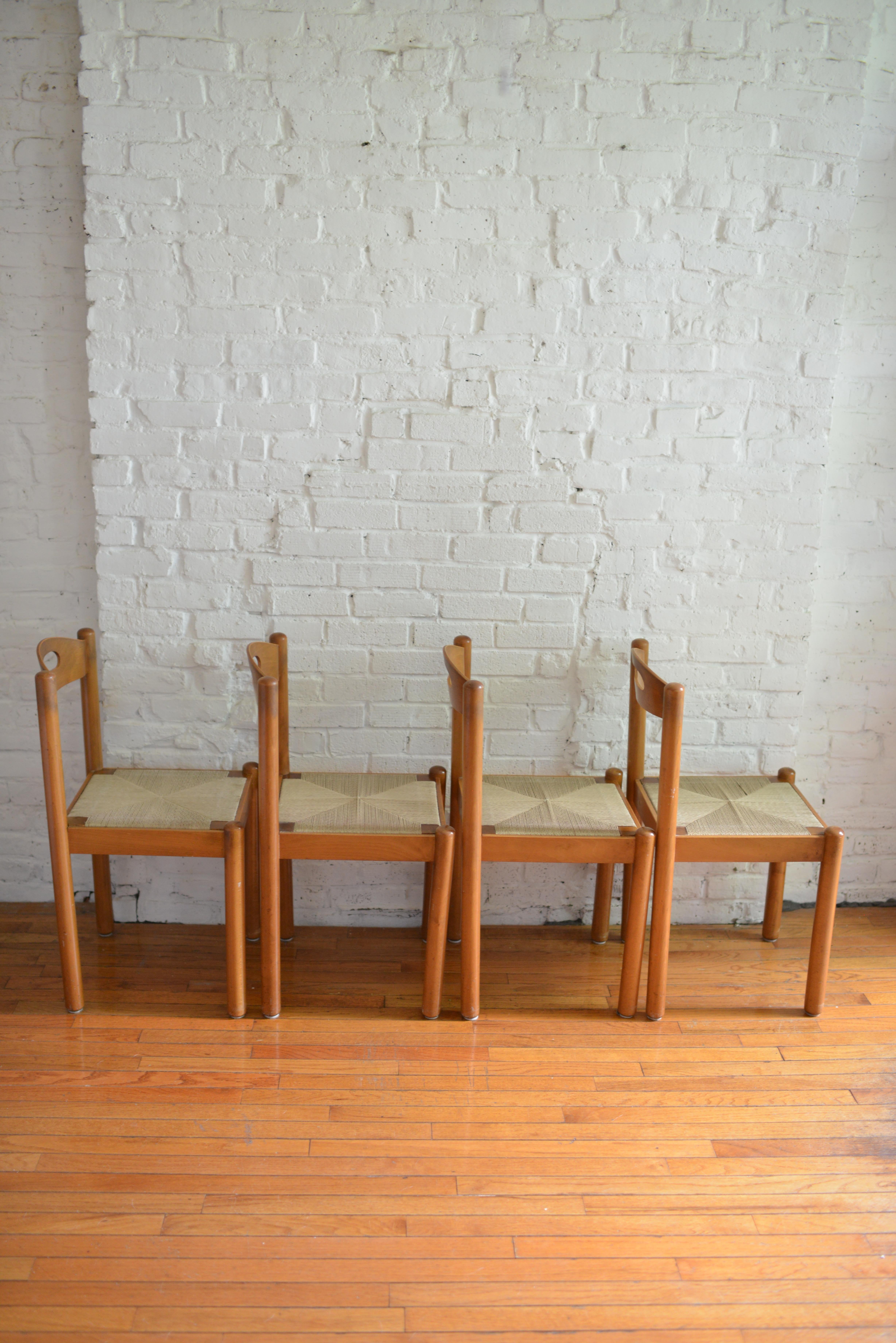 Mid-Century Modern Set of 4 Rush Papercord Dining Chairs, Made in Italy