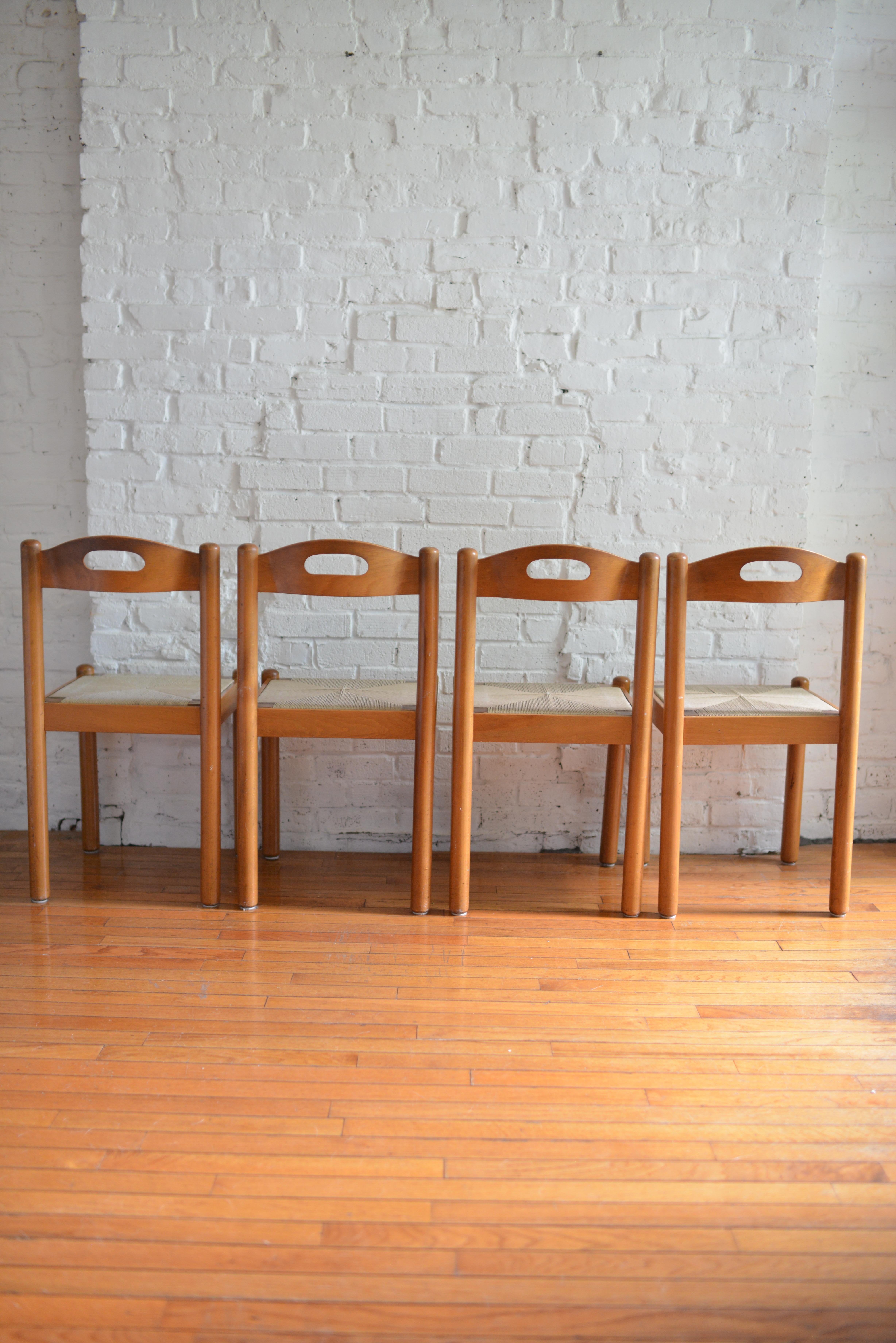 Italian Set of 4 Rush Papercord Dining Chairs, Made in Italy