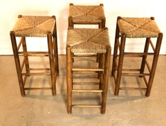 Set of 4 Rush Stools in the Manner of Charlotte Perriand "Dordogne" for Sentou