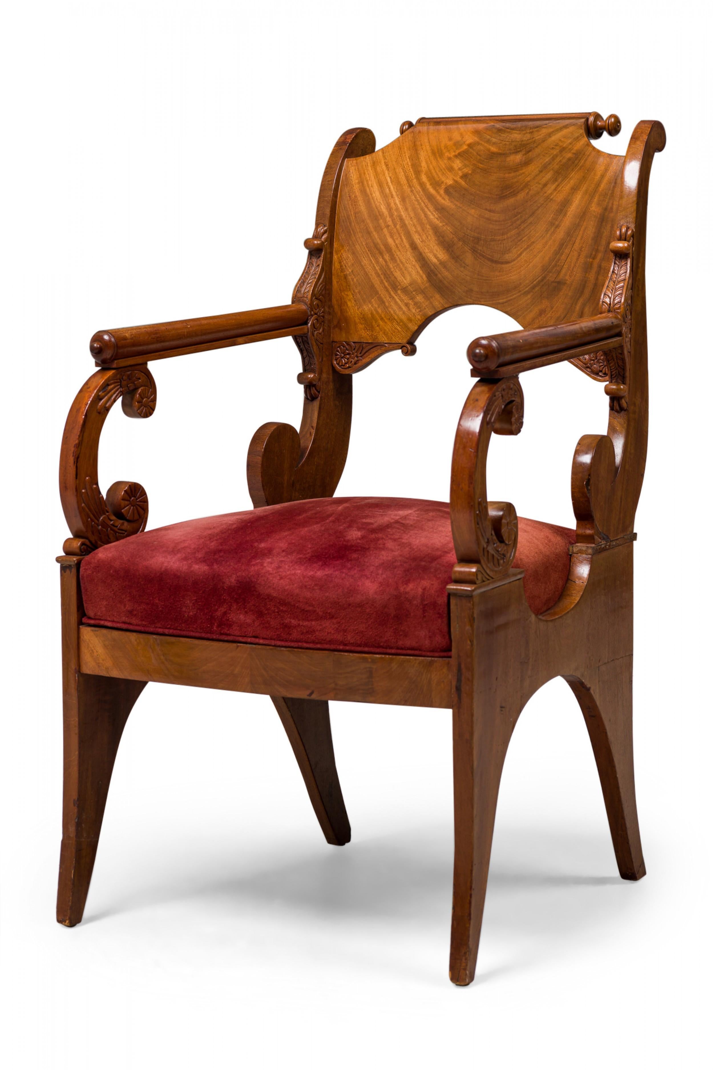 European Set of 4 Russian Neoclassic Mahogany Scroll Form Red Upholstered Armchairs For Sale