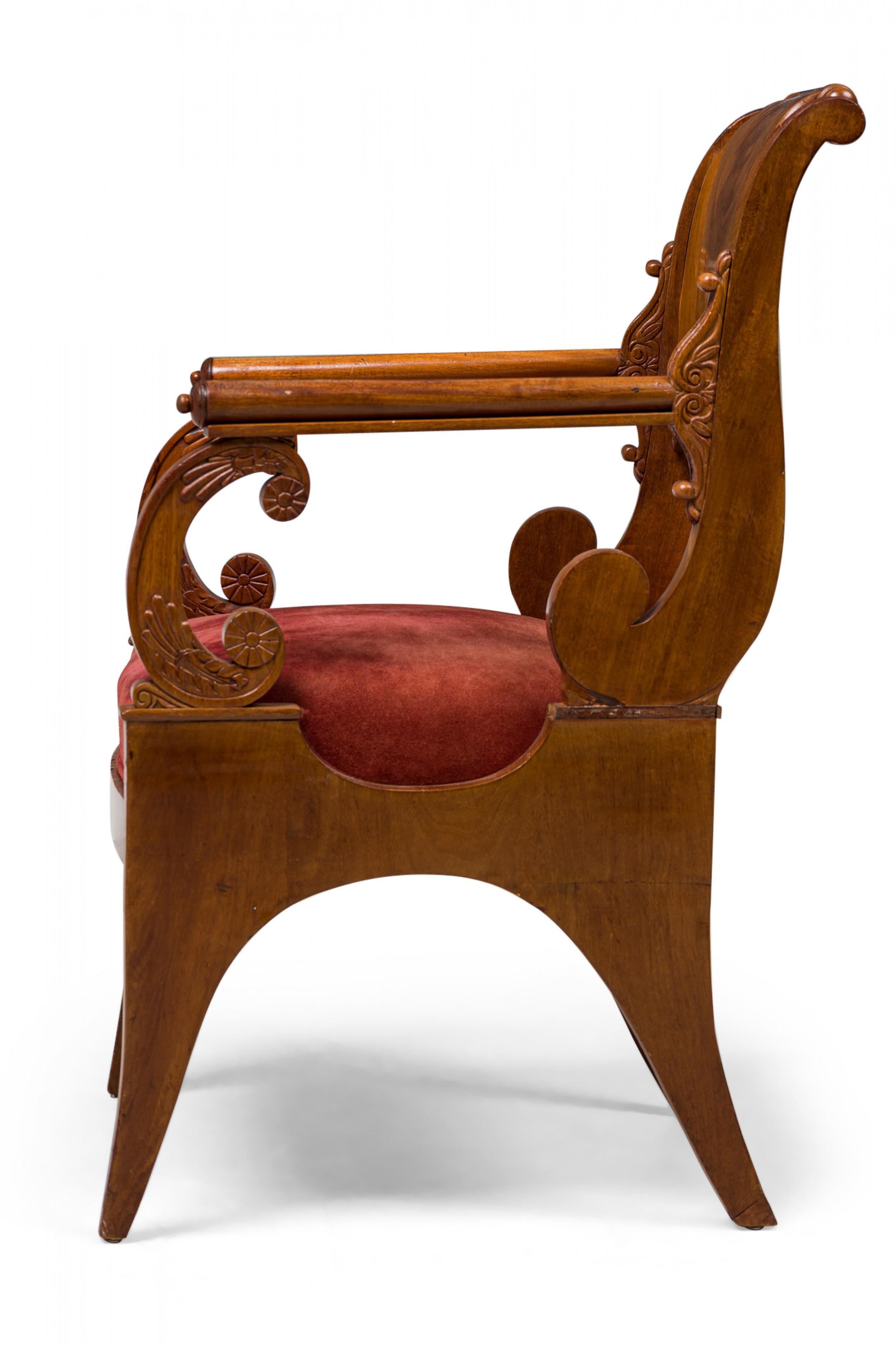 Carved Set of 4 Russian Neoclassic Mahogany Scroll Form Red Upholstered Armchairs For Sale