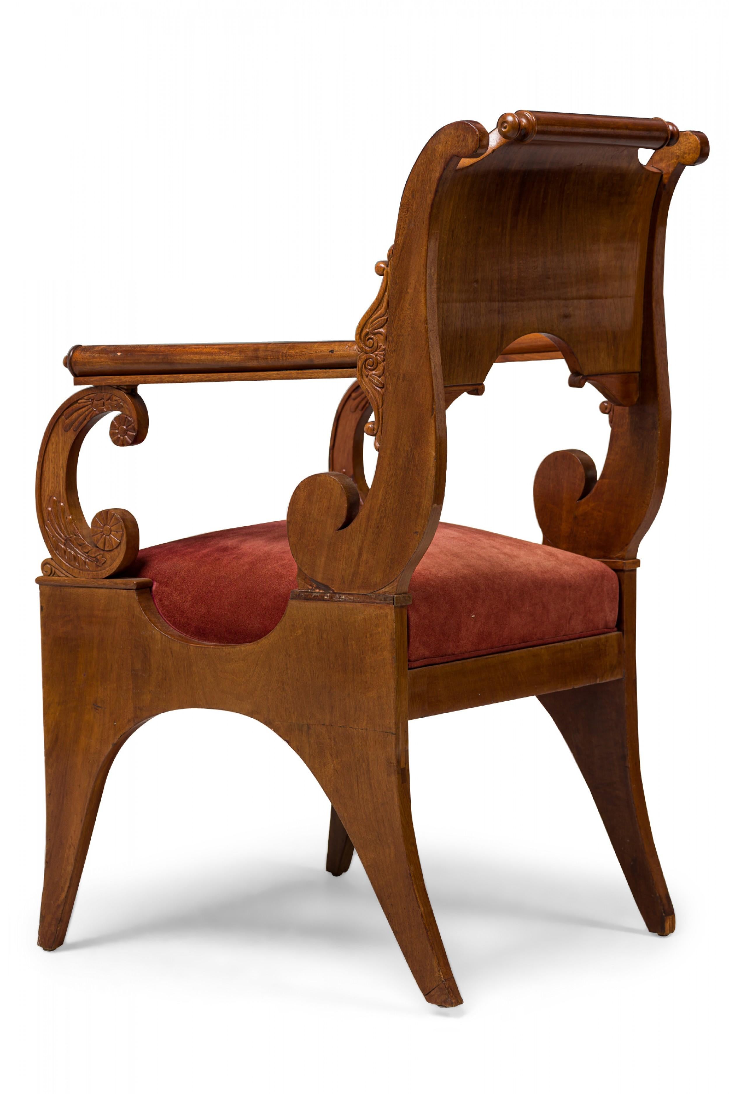 Set of 4 Russian Neoclassic Mahogany Scroll Form Red Upholstered Armchairs In Good Condition For Sale In Queens, NY