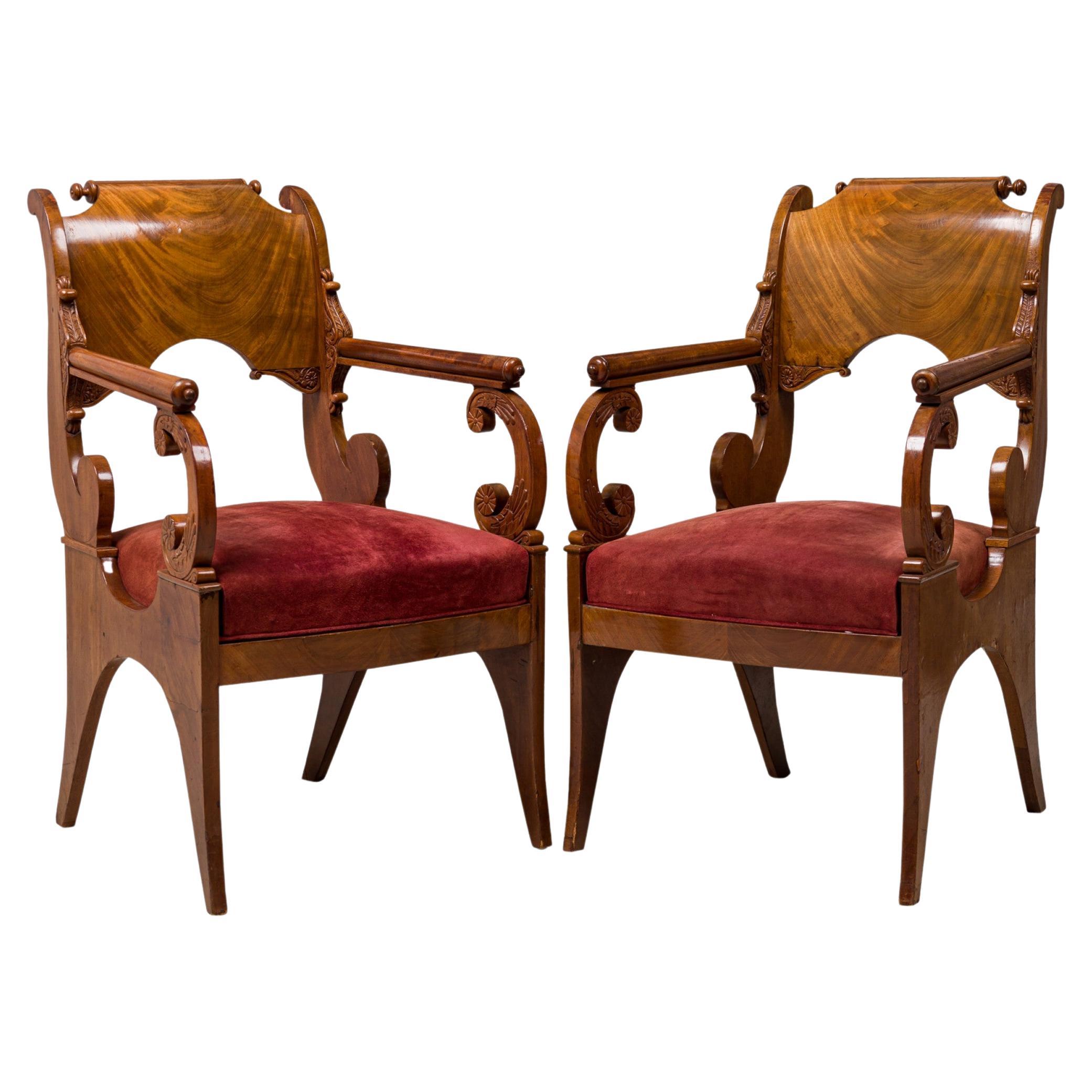 Set of 4 Russian Neoclassic Mahogany Scroll Form Red Upholstered Armchairs