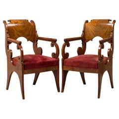 Antique Set of 4 Russian Neoclassic Mahogany Scroll Form Red Upholstered Armchairs