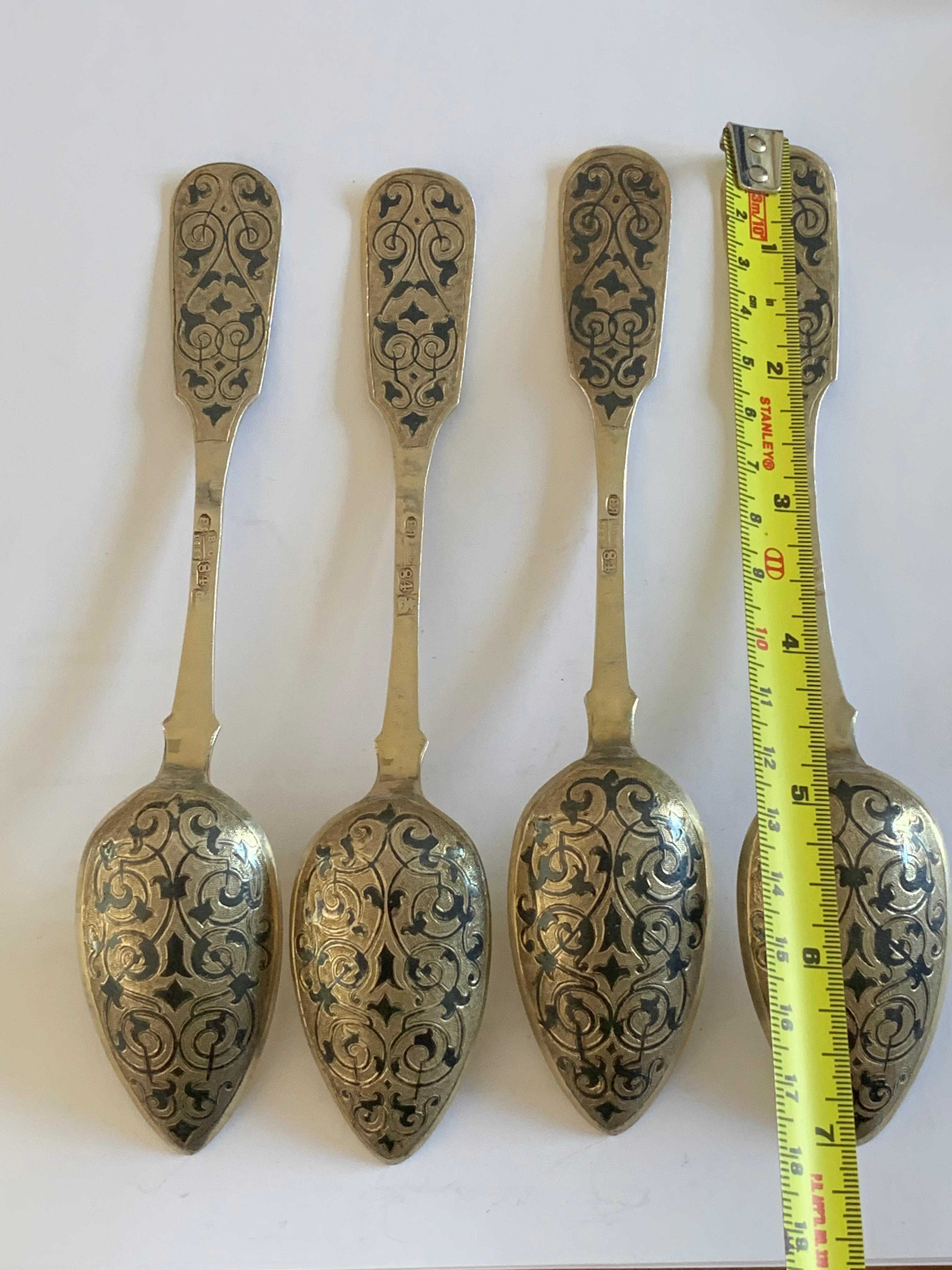 Set of 4 Russian Silver and Niello Spoons For Sale 1