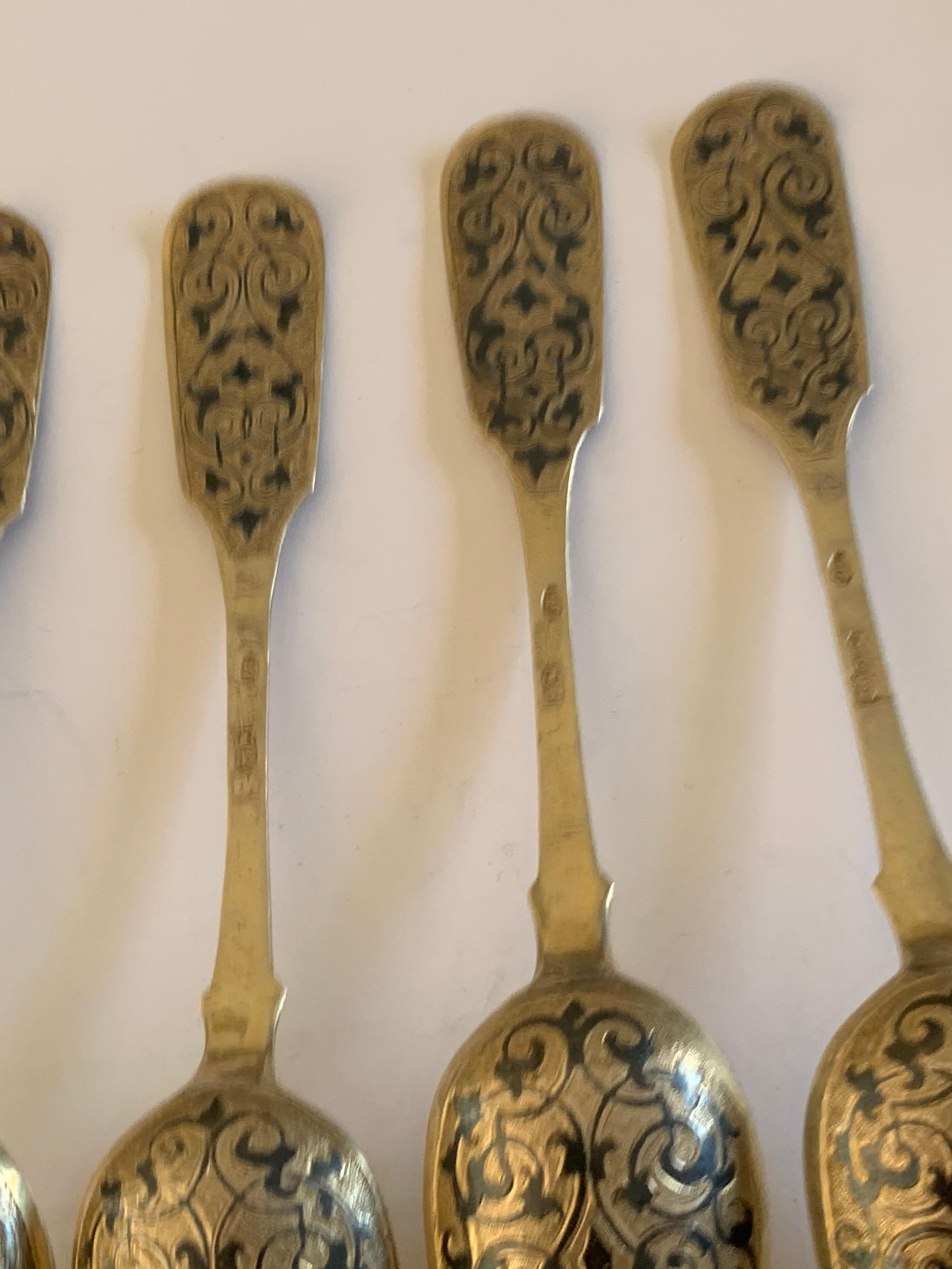 Set of 4 Russian Silver and Niello Spoons For Sale 2