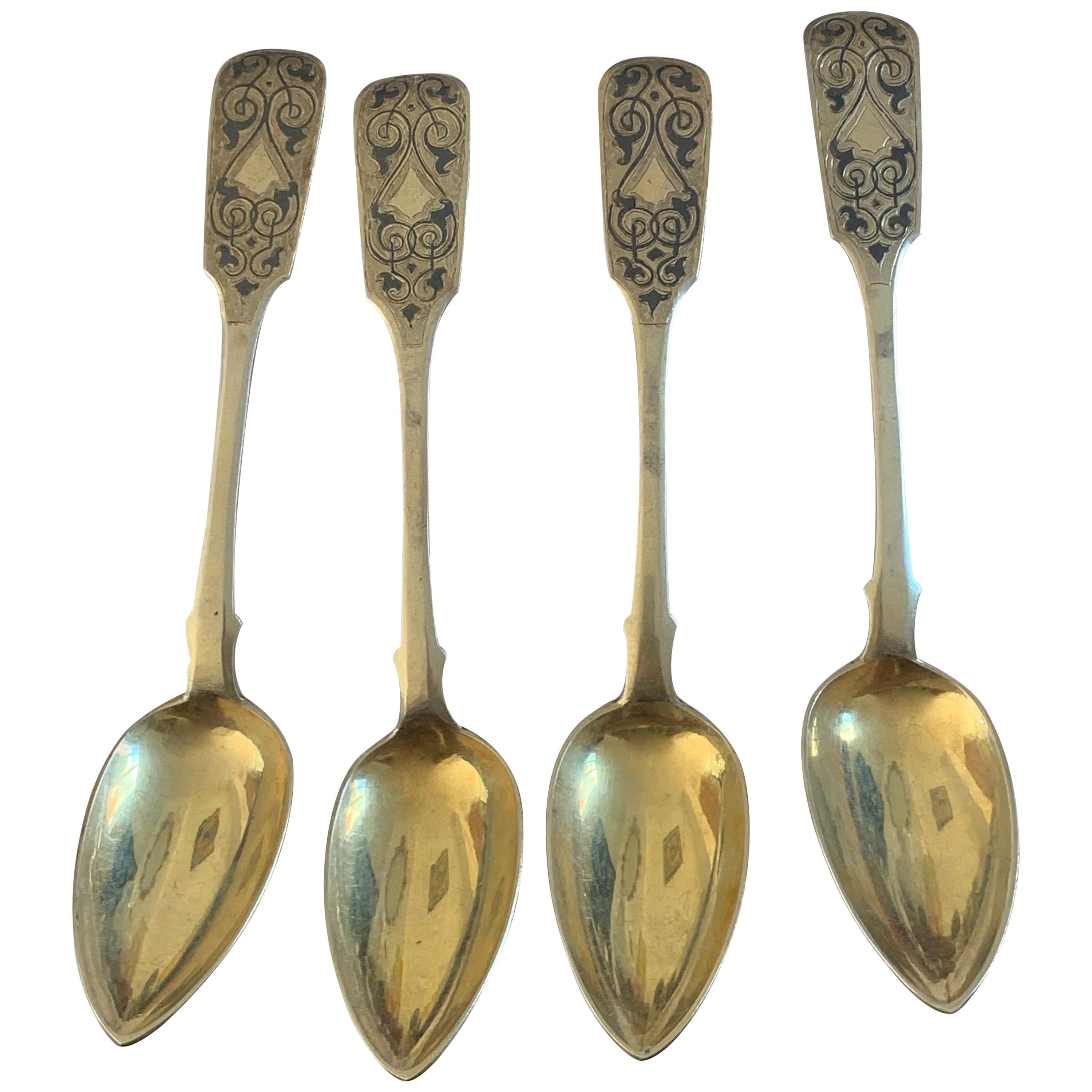 Set of 4 Russian Silver and Niello Spoons For Sale