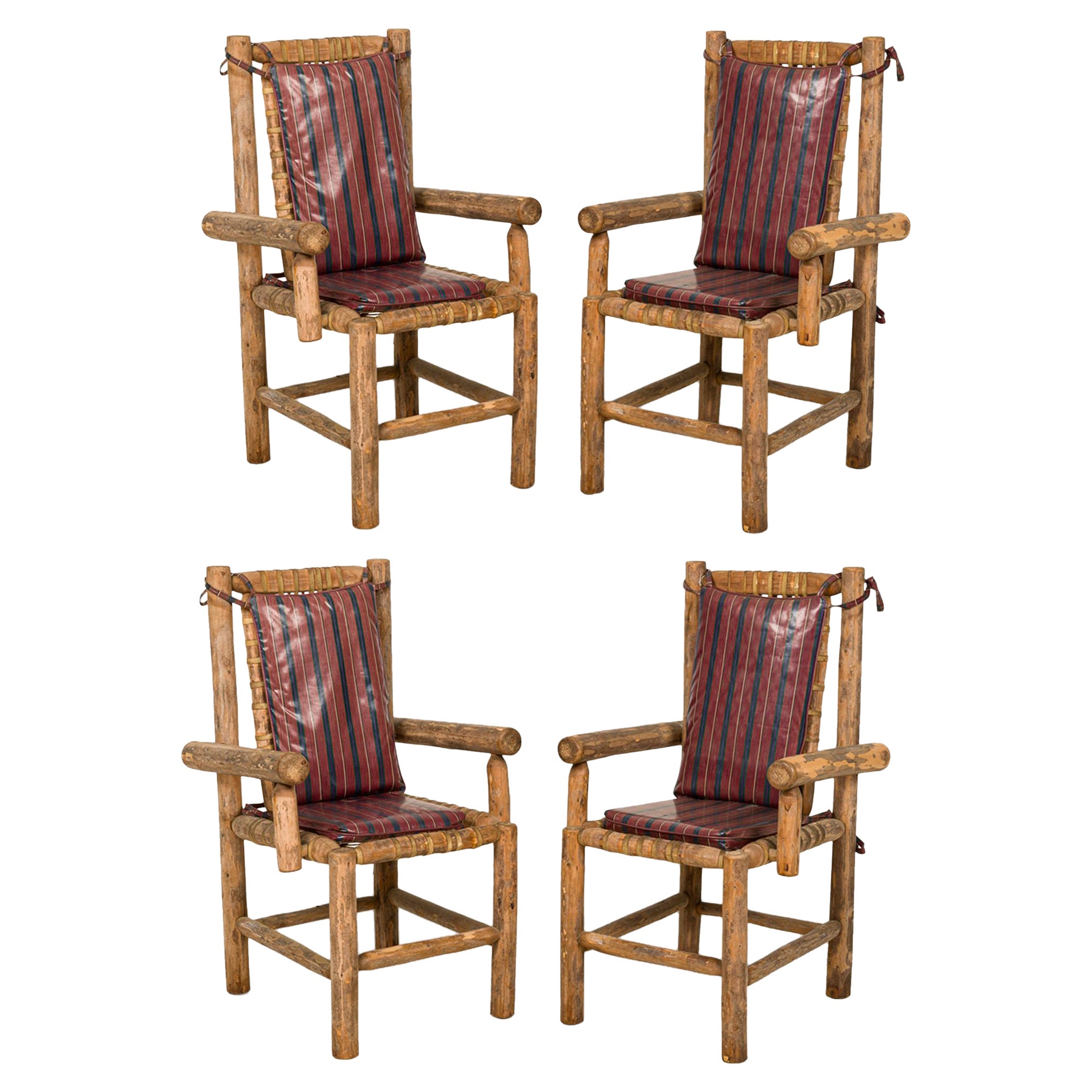 Set of 4 Rustic Adirondack Style Wood and Woven Gut Armchairs