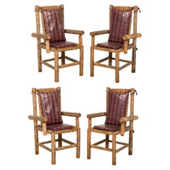 Set of 4 Rustic Adirondack Style Wood and Woven Gut Armchairs