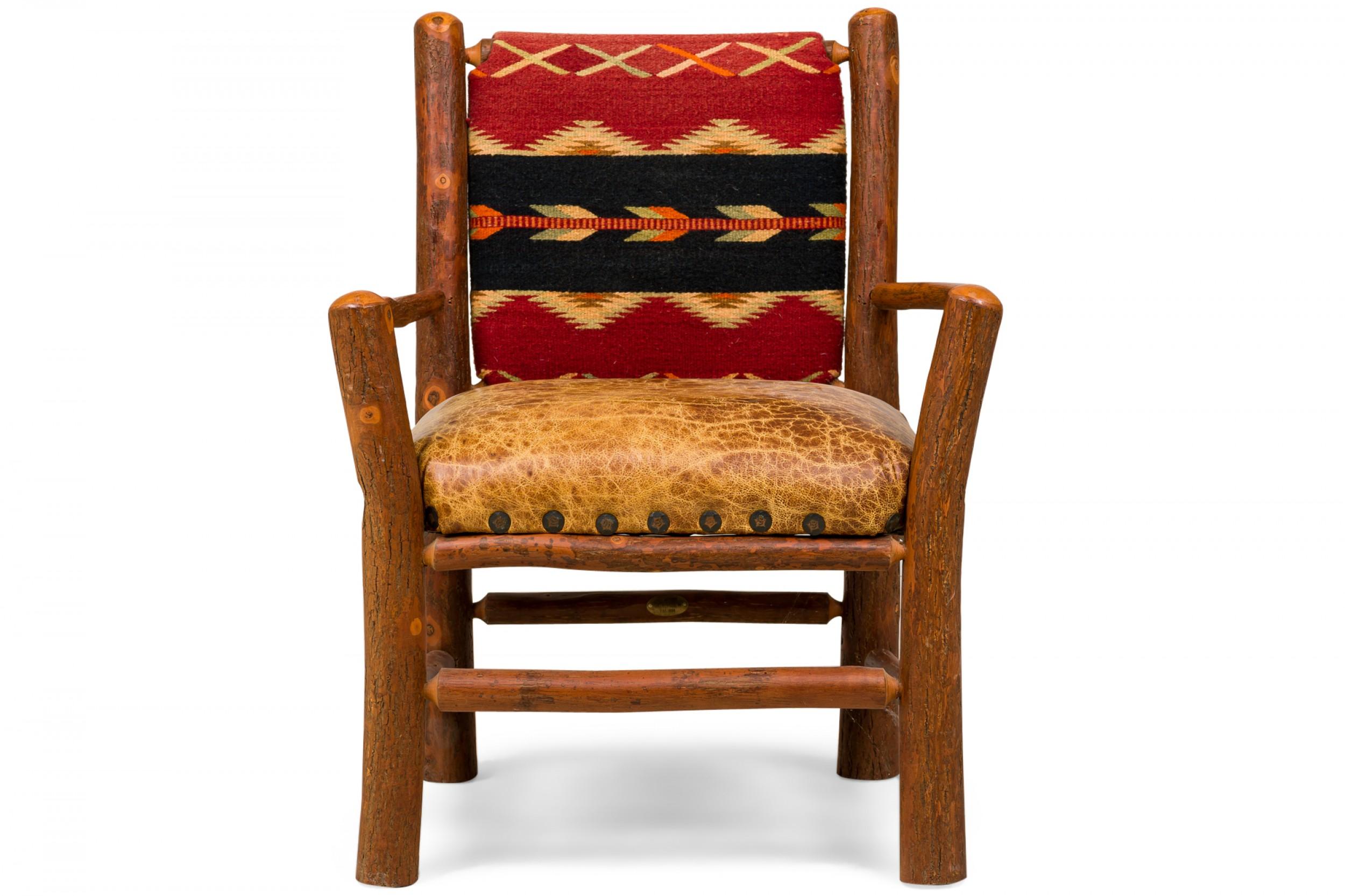 Set of 4 Rustic Old Hickory Chairs with Leather Seats and Woven