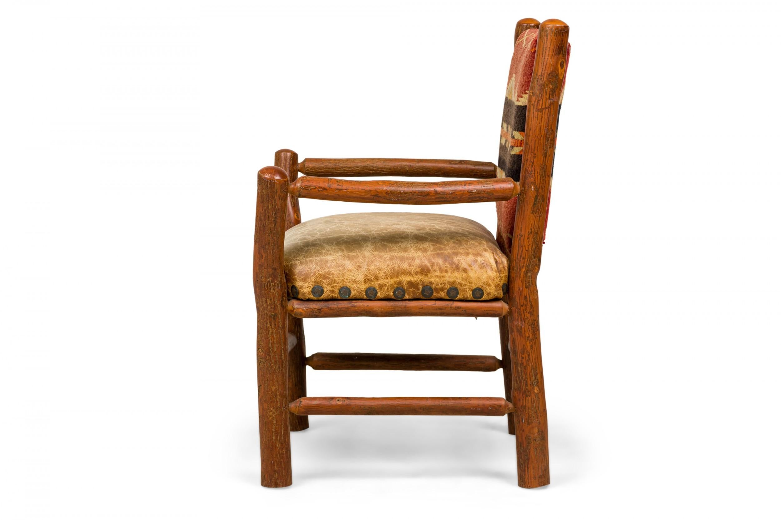 Set of 4 Rustic Old Hickory Chairs with Leather Seats and Woven