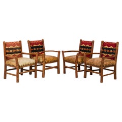 Used Set of 4 Rustic Old Hickory Chairs with Leather Seats and Woven Tapestry Backs