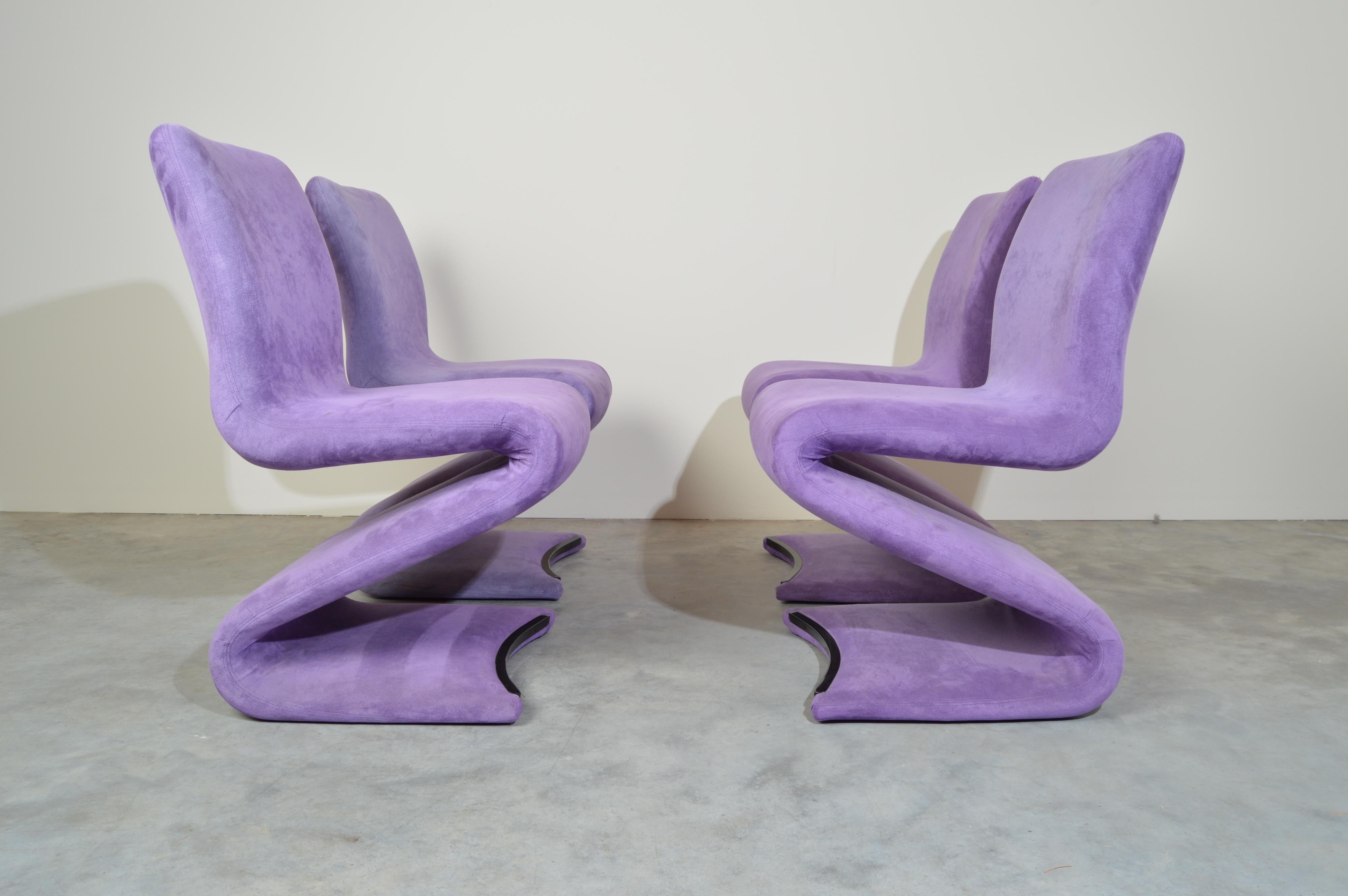 Mid-Century Modern Set of 4 S Form Dining Chairs in Ultrasuede Attributed to Verner Panton