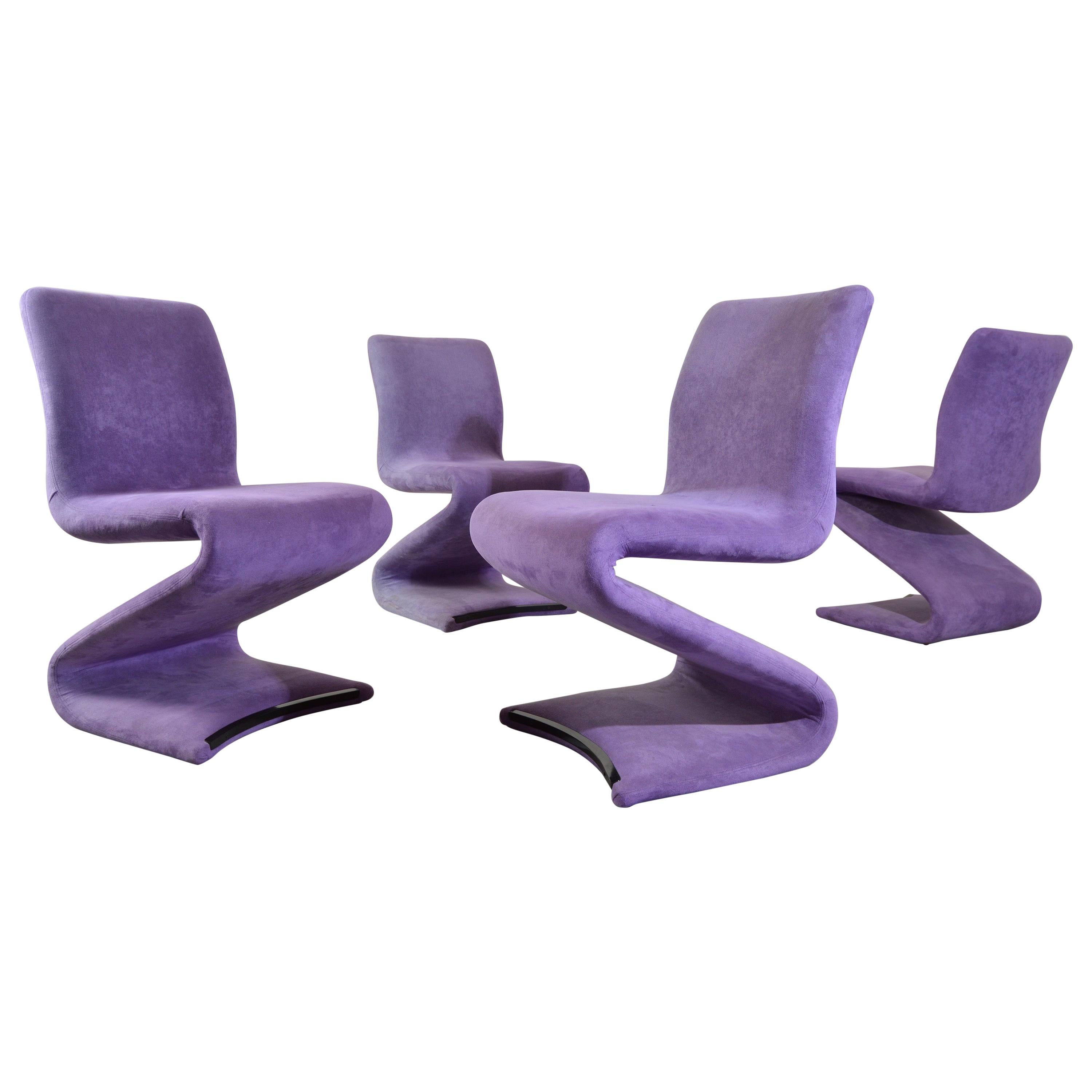 Set of 4 S Form Dining Chairs in Ultrasuede Attributed to Verner Panton